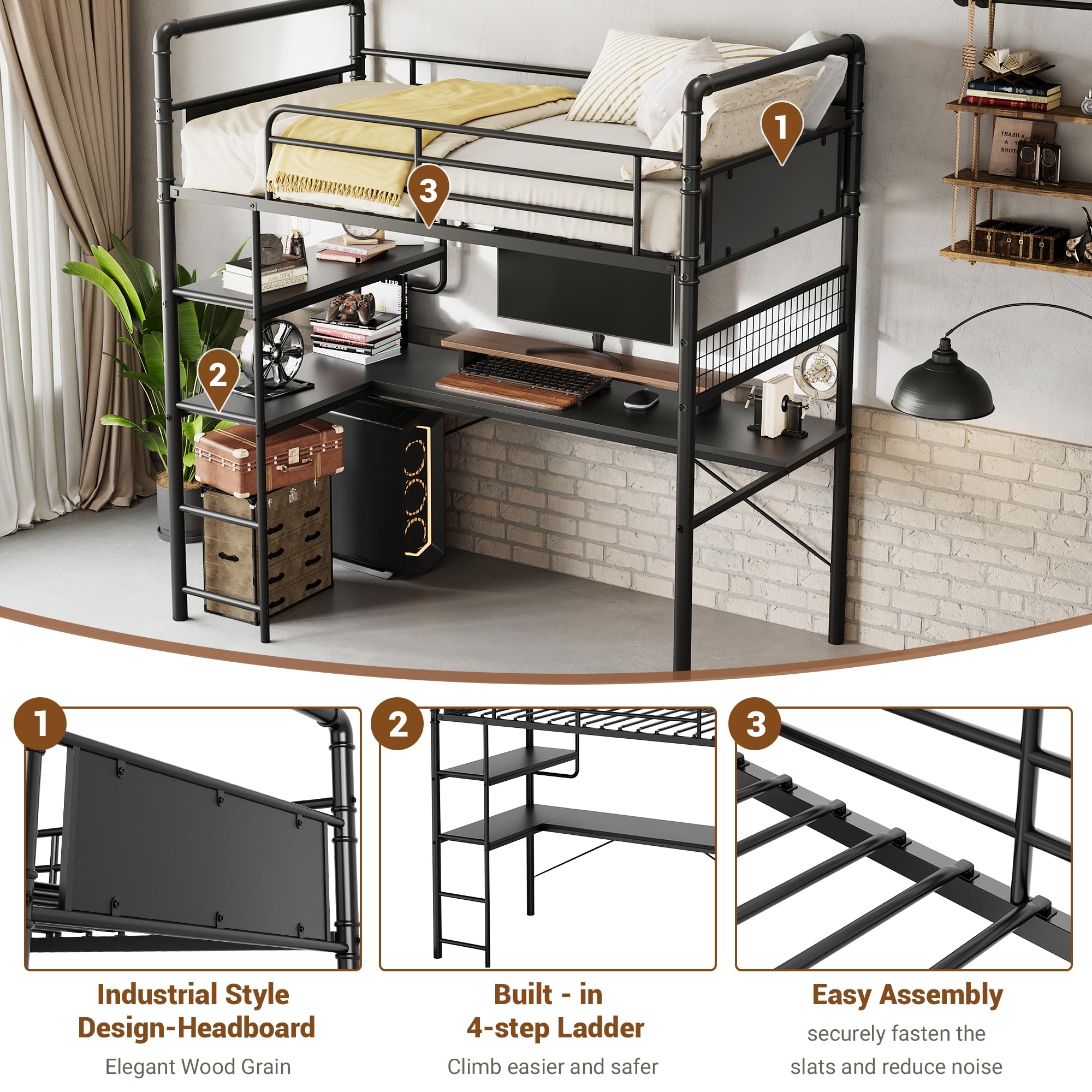 Twin Loft Bed with L-Shaped Desk and Ladder