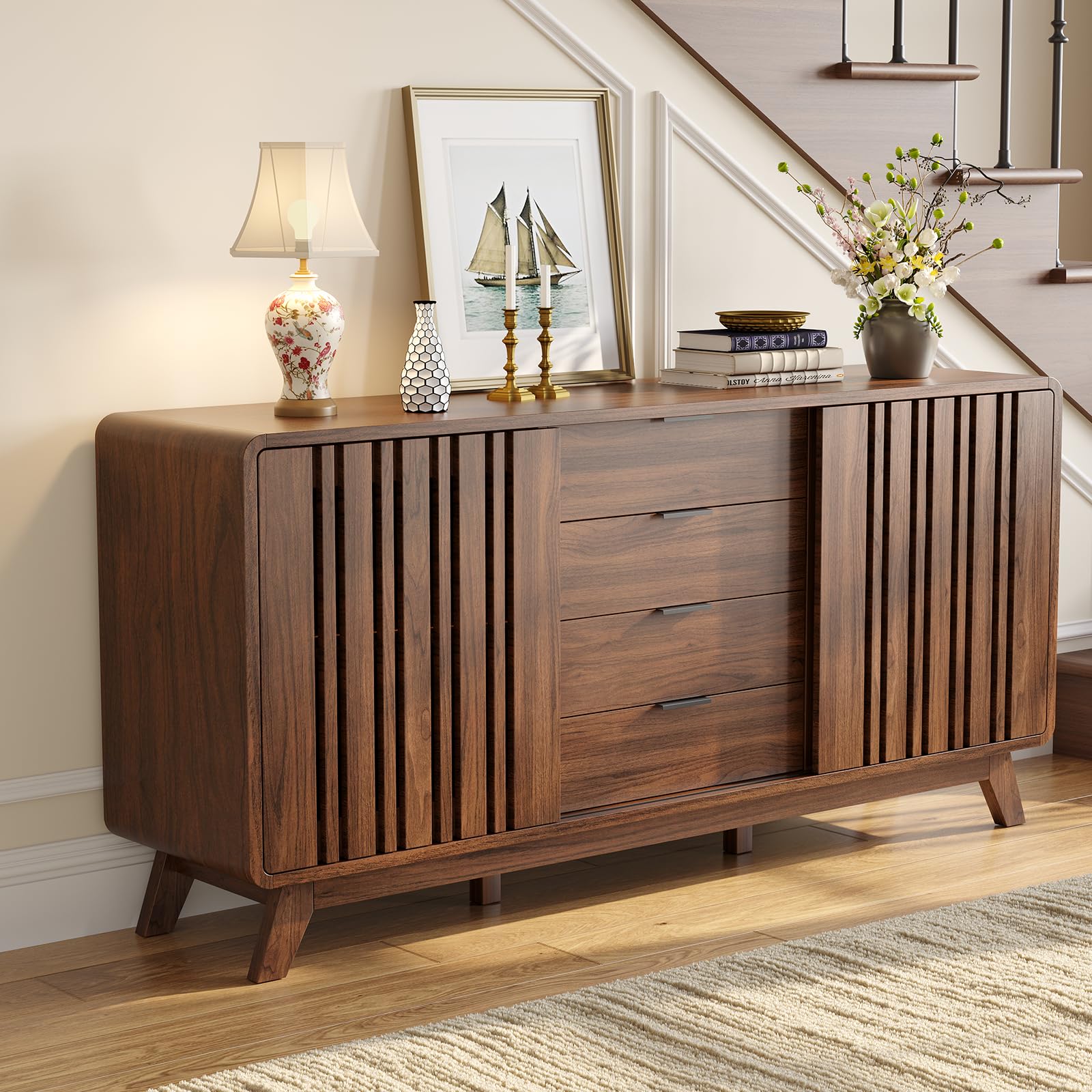 Mid Century Sideboard Buffet Cabinet with Sliding Doors