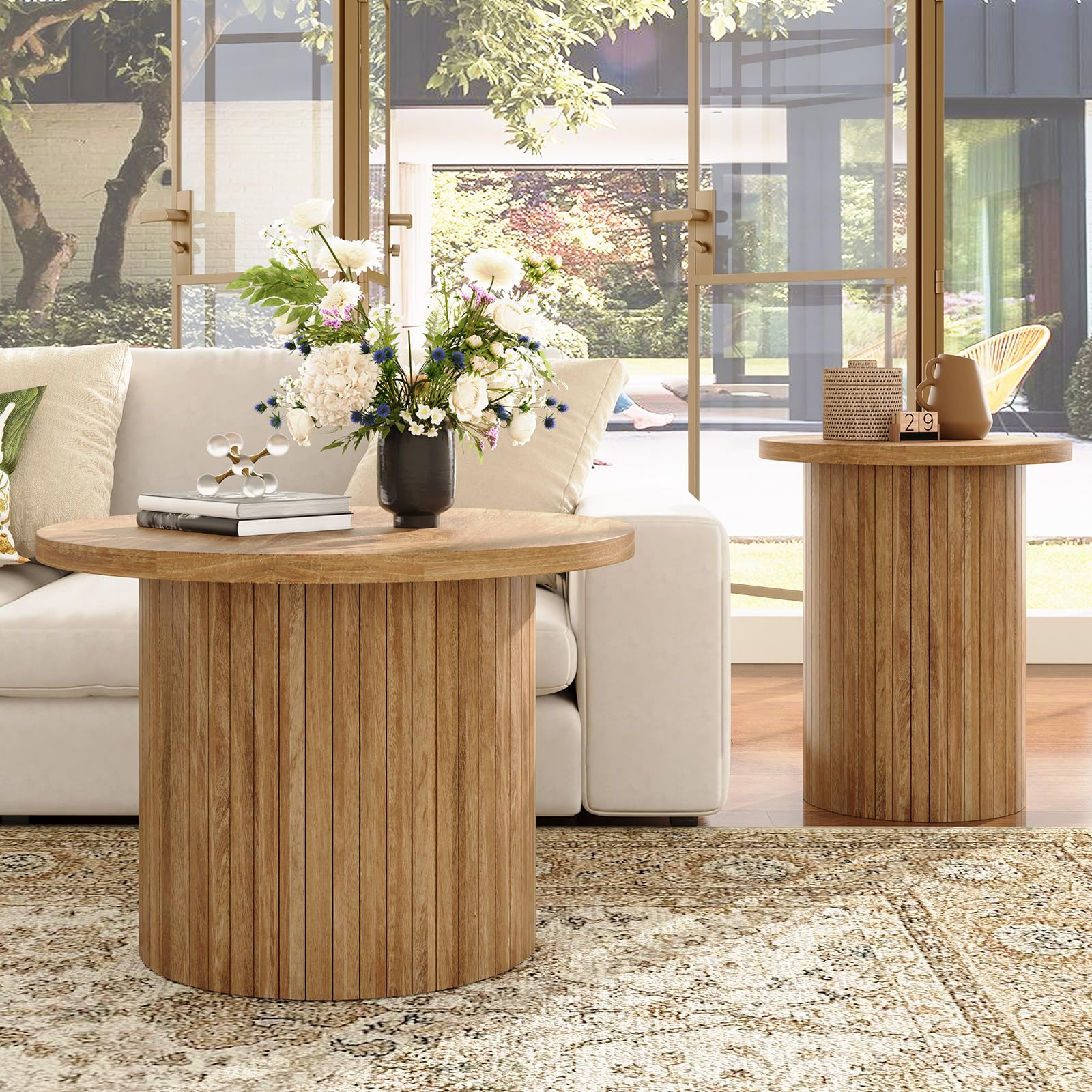Nesting Coffee Table Set of 2 Mid Century Modern Round Wood Slat Side Tables