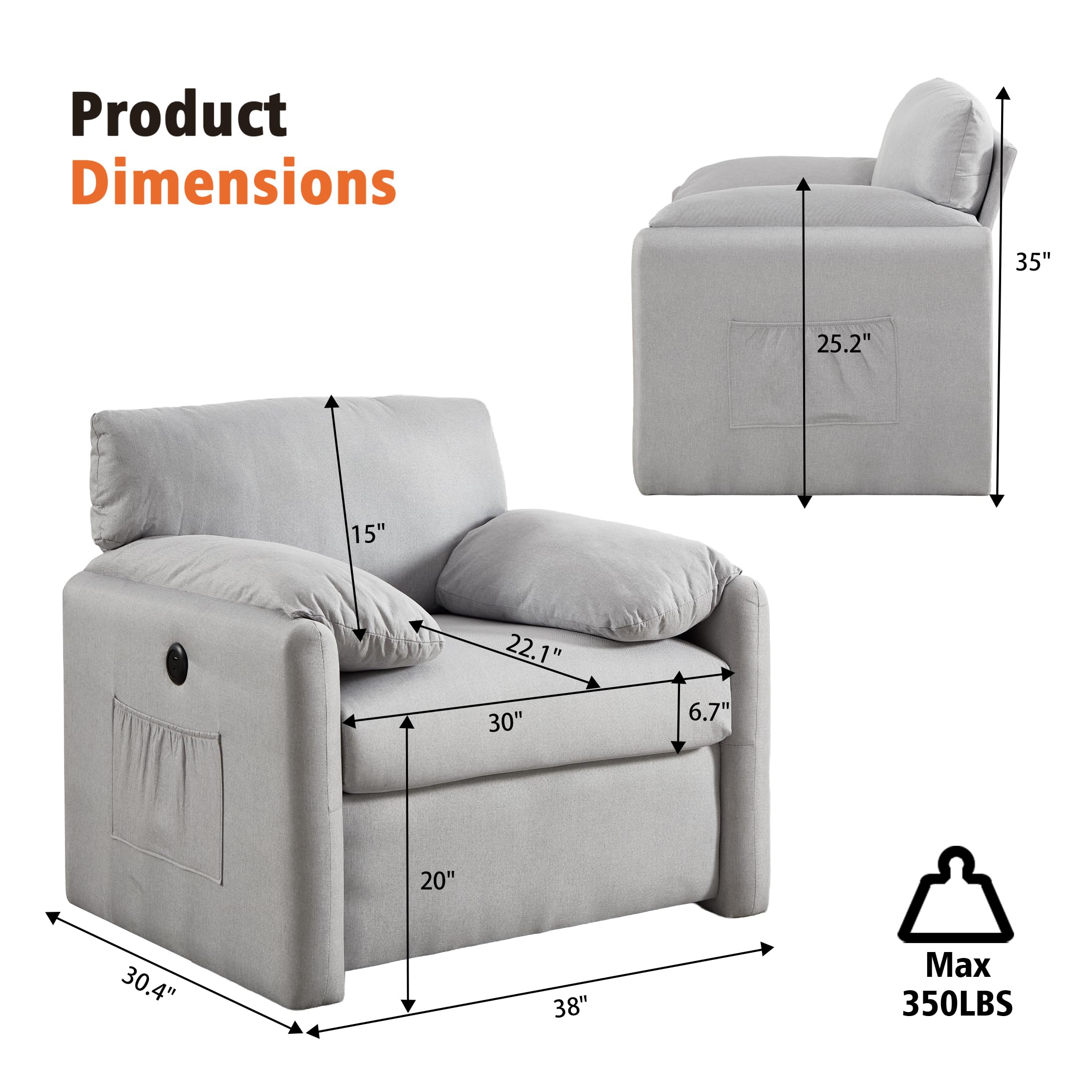 Oversized Accent Chair with USB Ports and Side Pockets