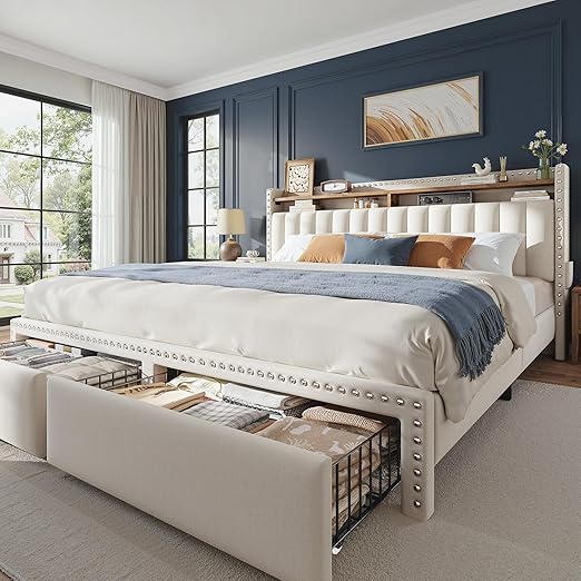 Queen Size Upholstered Bed Frame with Storage Drawers