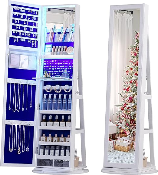 360° Rotating Full Length Mirror Jewelry Armoire with Storage