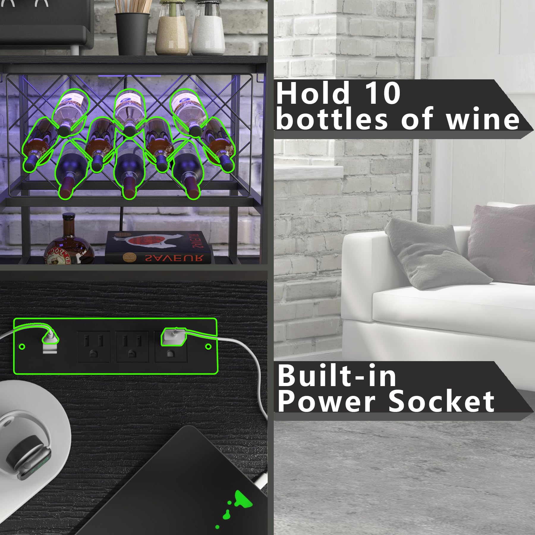 Wine Cabinet with LED Lights and Power Outlet