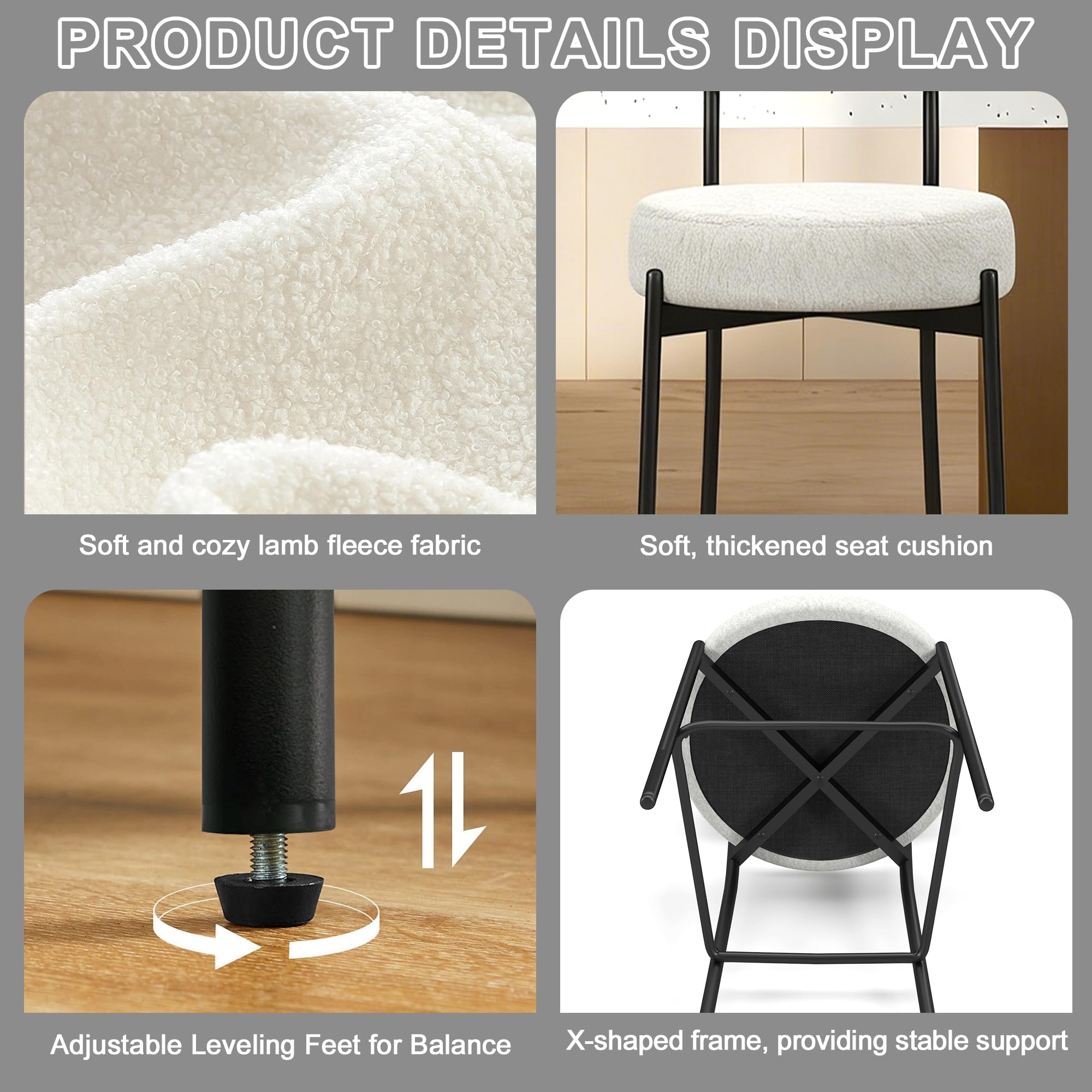 Bar Stools Set of 6, 27" White Boucle Counter Height with Back and Metal Legs