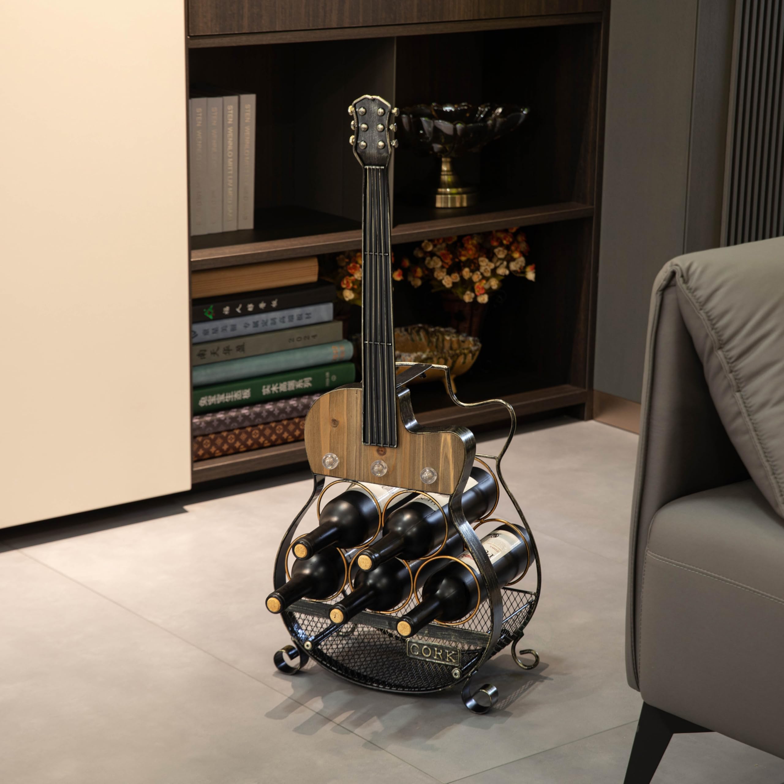 Guitar Wine Rack 5-Bottle LED Freestanding