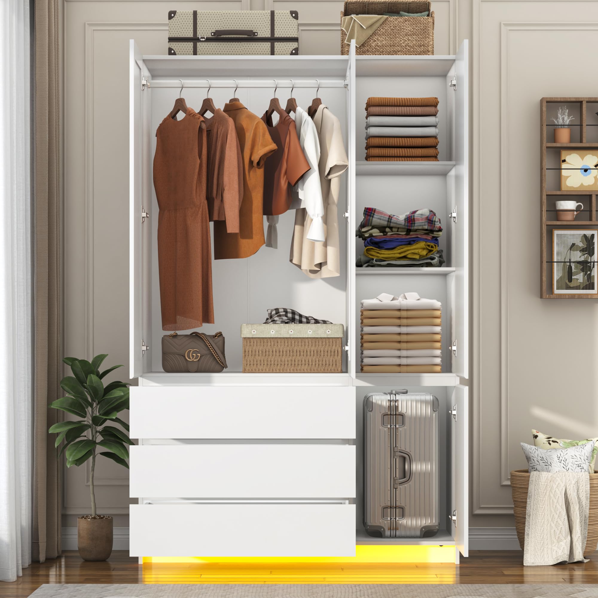 3-Door Armoire Wardrobe with Mirror and LED Lights