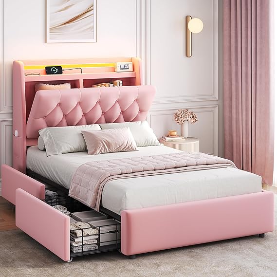 Twin LED Velvet Bed Frame with Storage Drawers and Charging Station