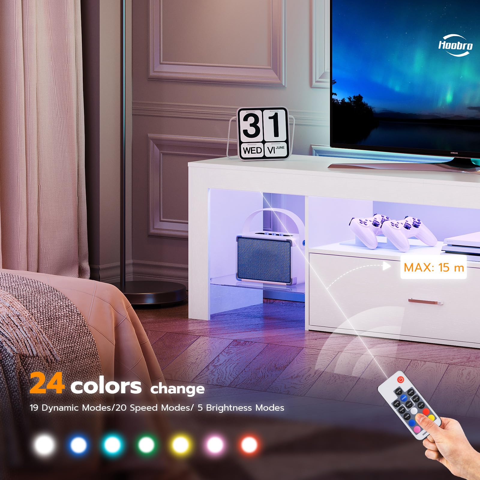 LED TV Stand with Power Outlets and Glass Shelves