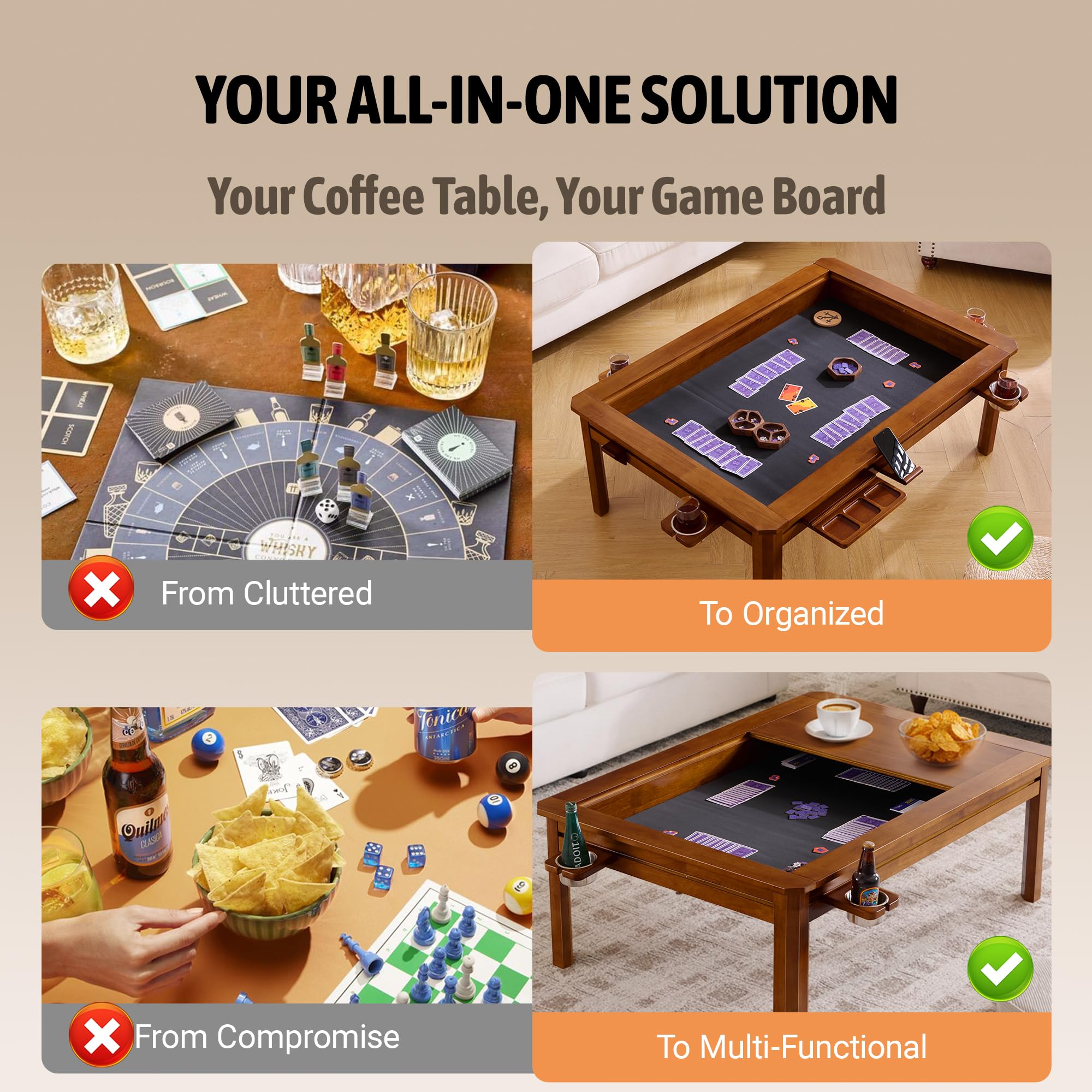 Solid Wood Board Game Coffee Table with Removable Top 3-in-1