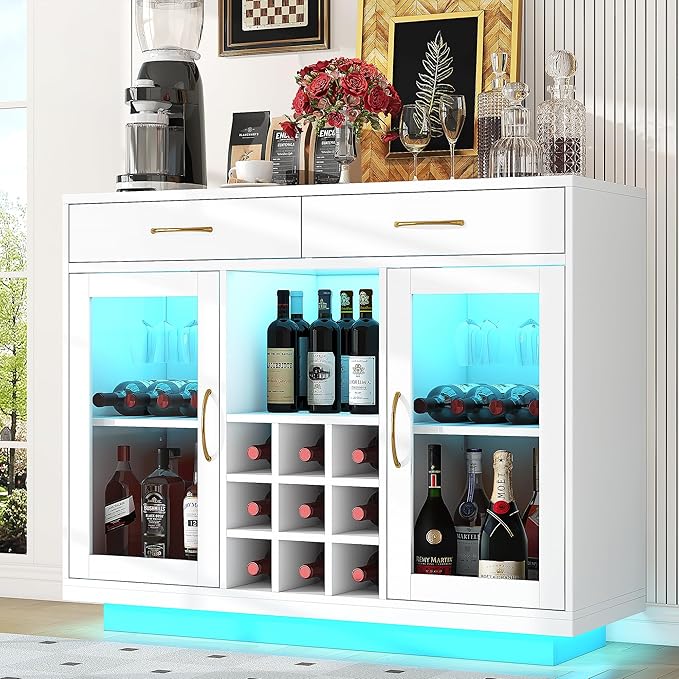 Wine Bar Cabinet with LED Lights and Glass Rack