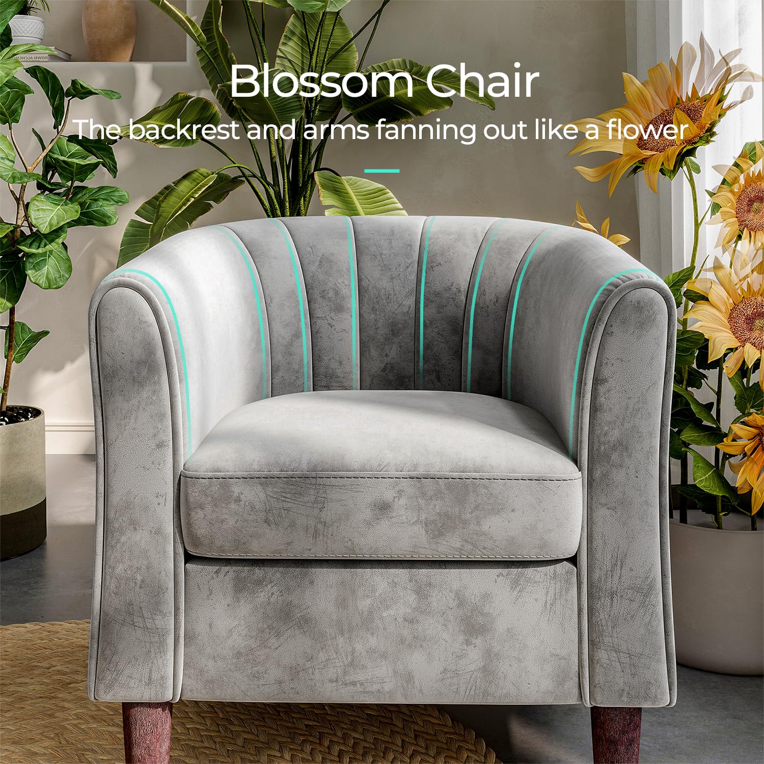 LINSY Accent Chair with Ottoman, Modern Barrel Chair Comfy Armchair Reading Chair with Footrest, Round Arms Chair for Living Room Bedroom Reading Room, Velvet, Light Grey