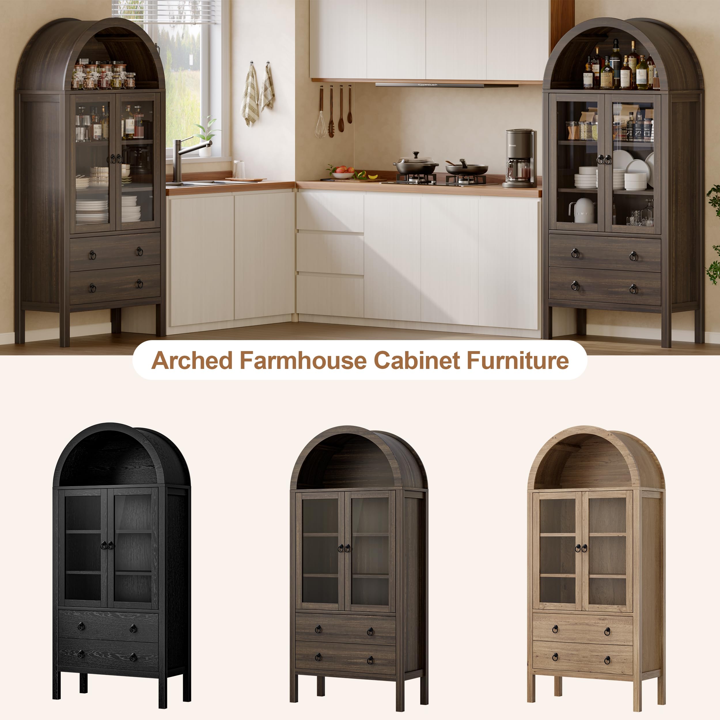Arched Storage Cabinet with Glass Doors