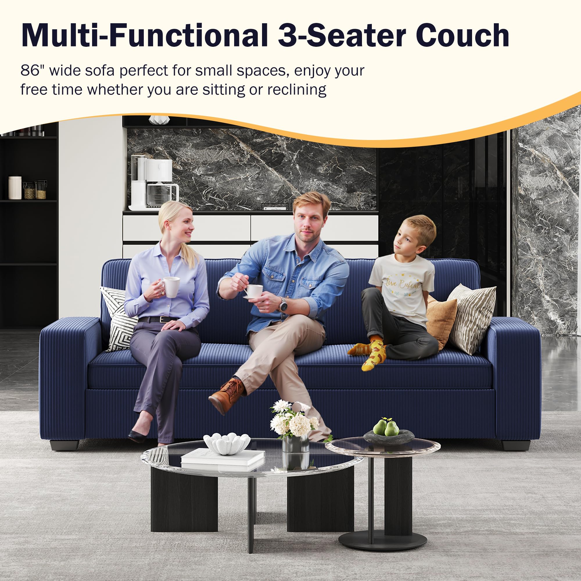 86" Blue Corduroy Sofa with Deep Seats