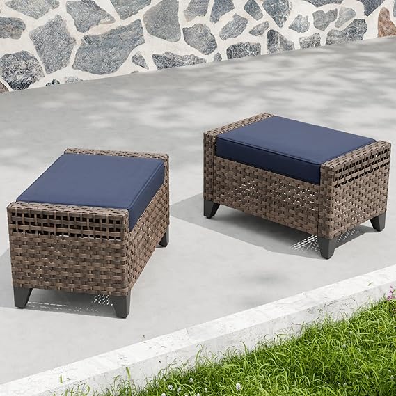 2 Pieces Outdoor Wicker Patio Footstools with Removable Cushions