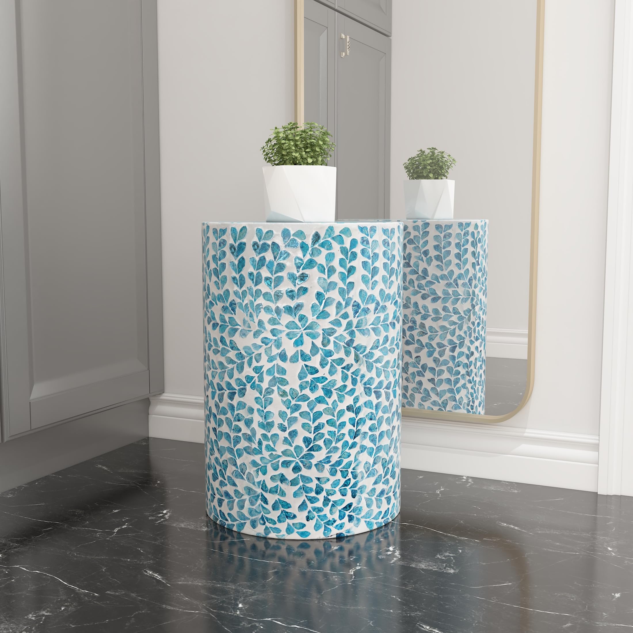 Teal Floral Drum End Table