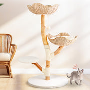 Modern Wood Cat Tree Tower with Scratching Post and Bed