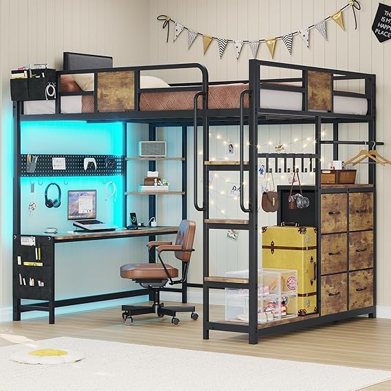 Full Size Loft Bed with Desk and Storage
