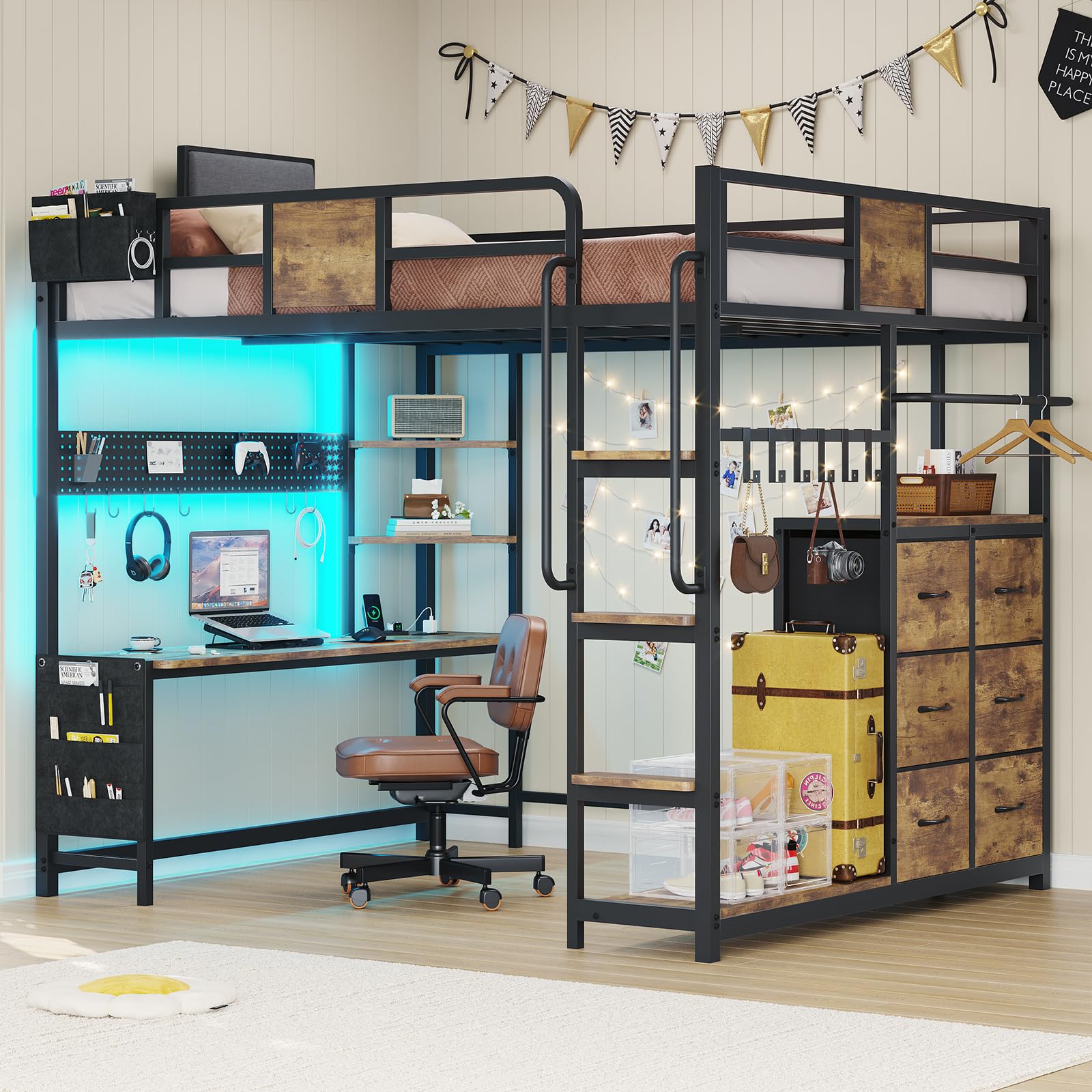 Full Size Loft Bed with Desk and Storage