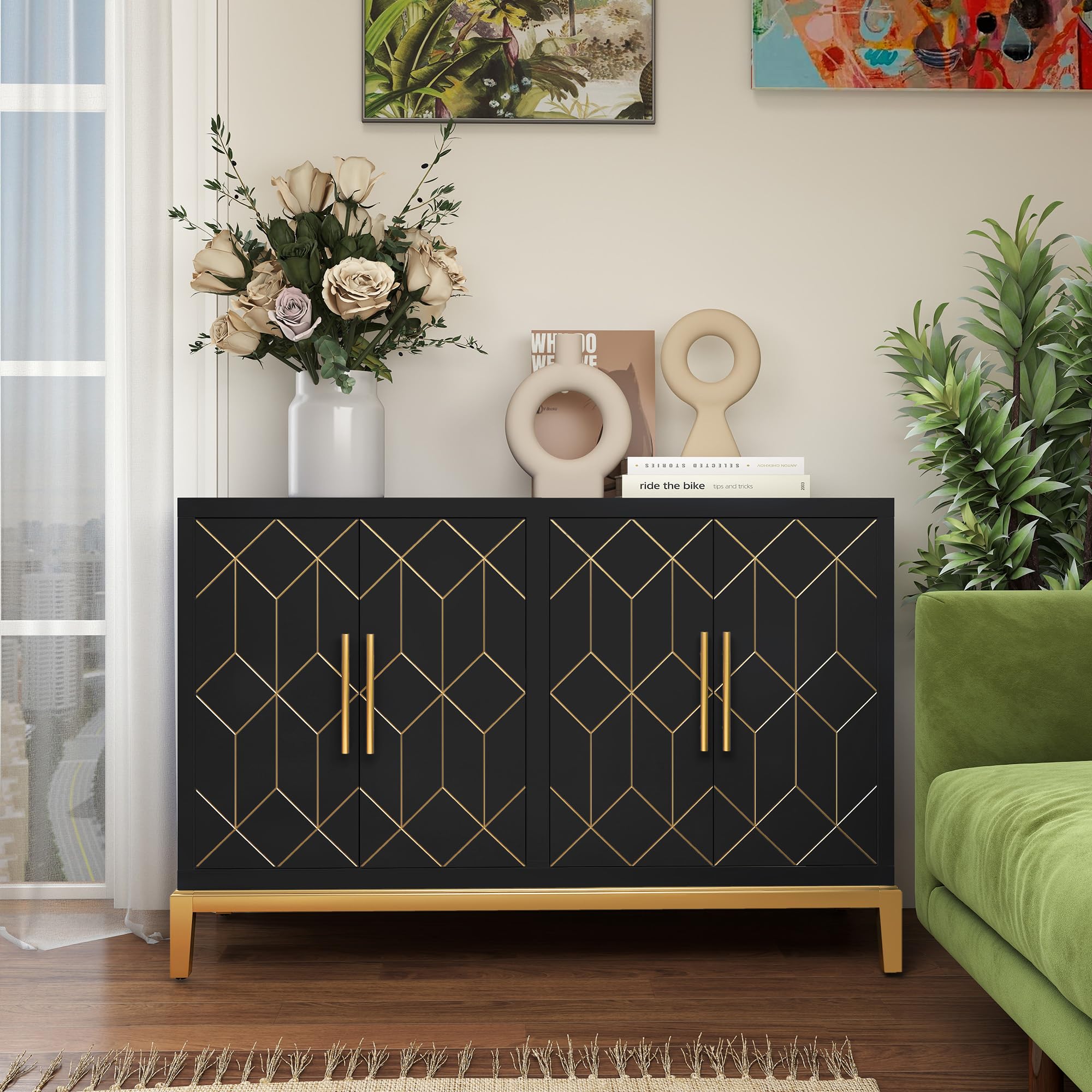 4-Door Storage Accent Cabinet with Gold Lines