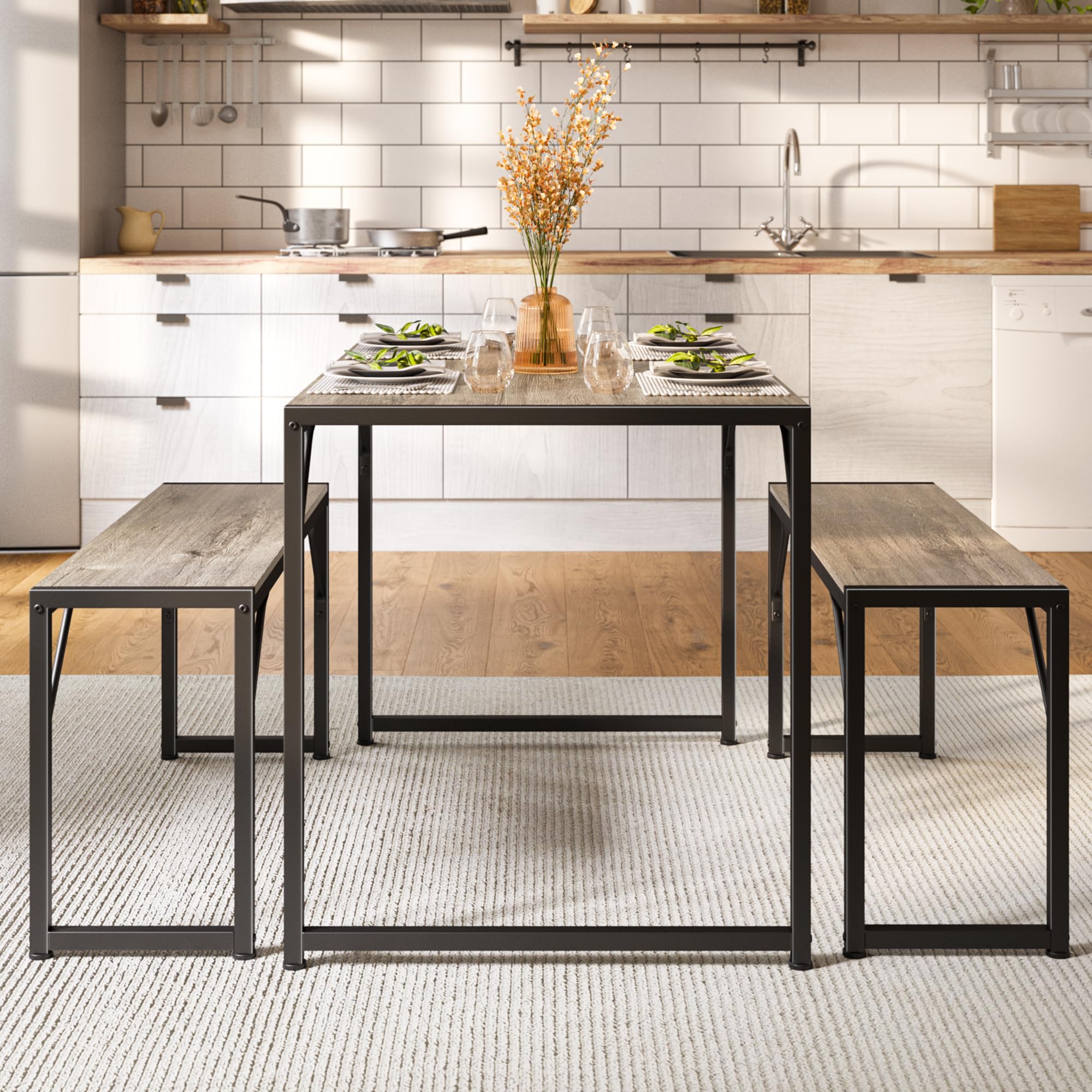4-Piece Dining Table Set with Benches