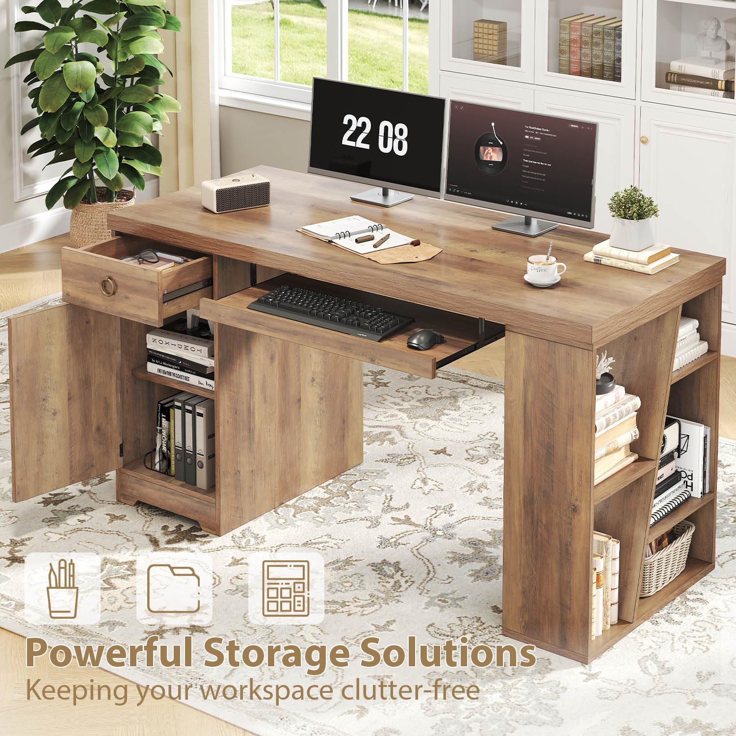 55 Inch Executive Office Desk with Drawers and Storage