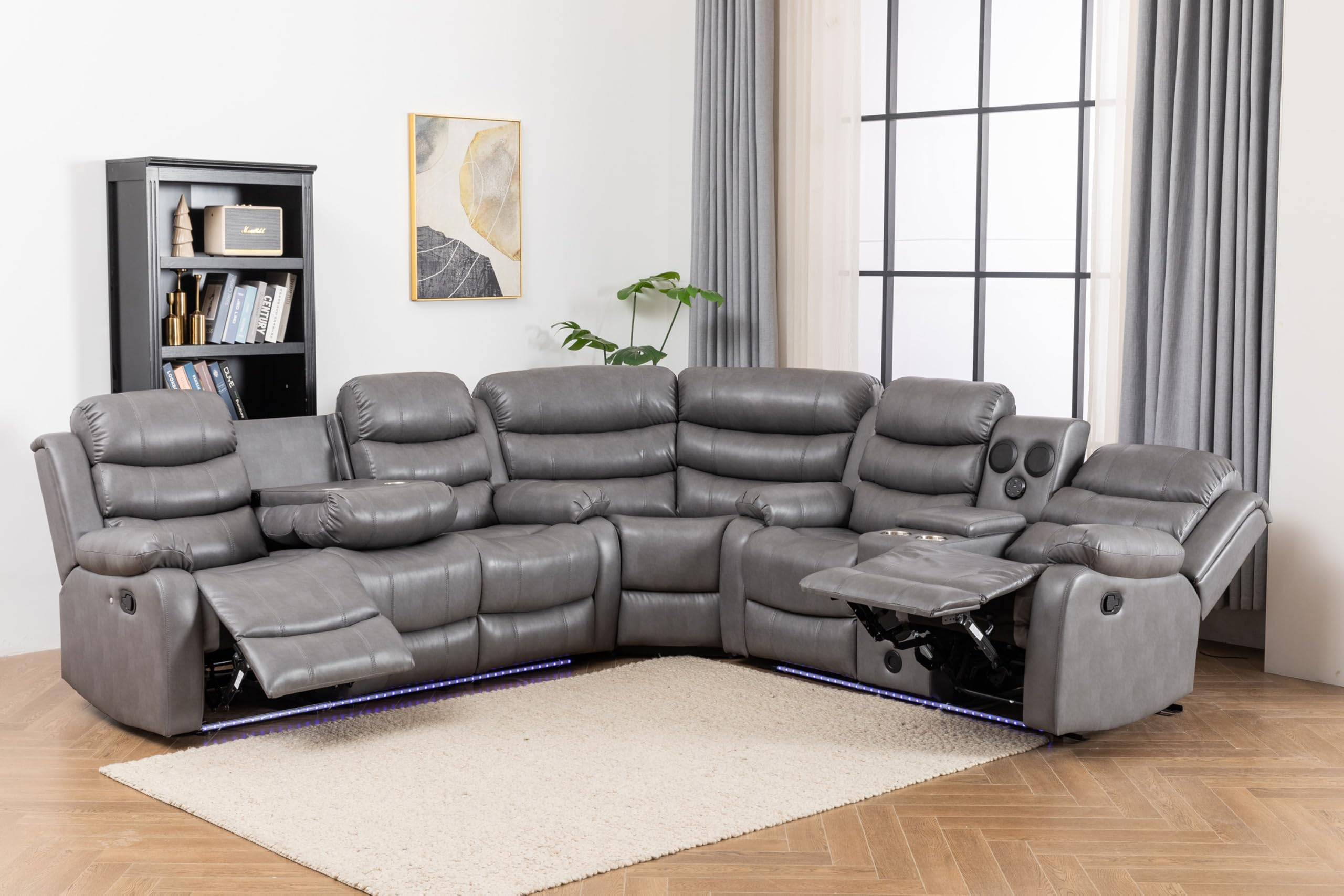 Faux Leather Reclining Sectional Sofa with LED Light and USB Chargers