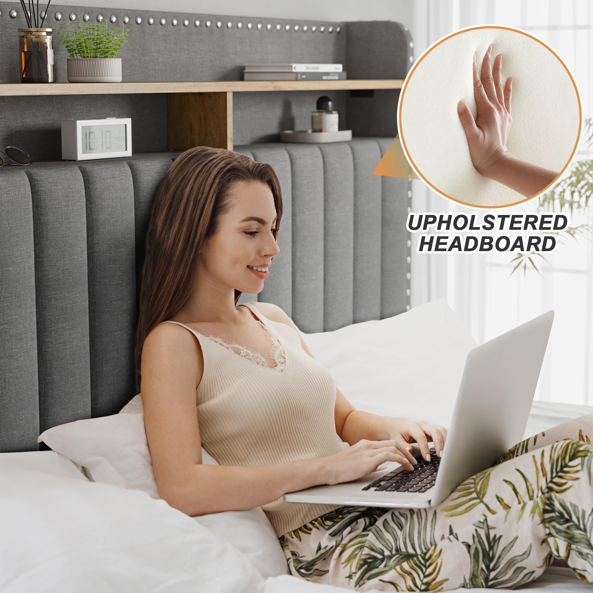 Queen Size Upholstered Bed Frame with Storage Drawers