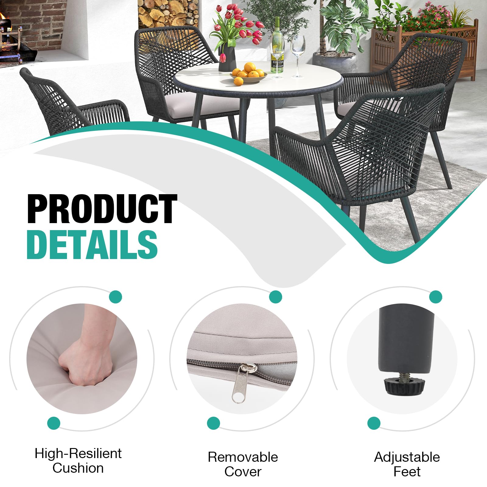 5-Piece Patio Dining Set with Cushioned Chairs
