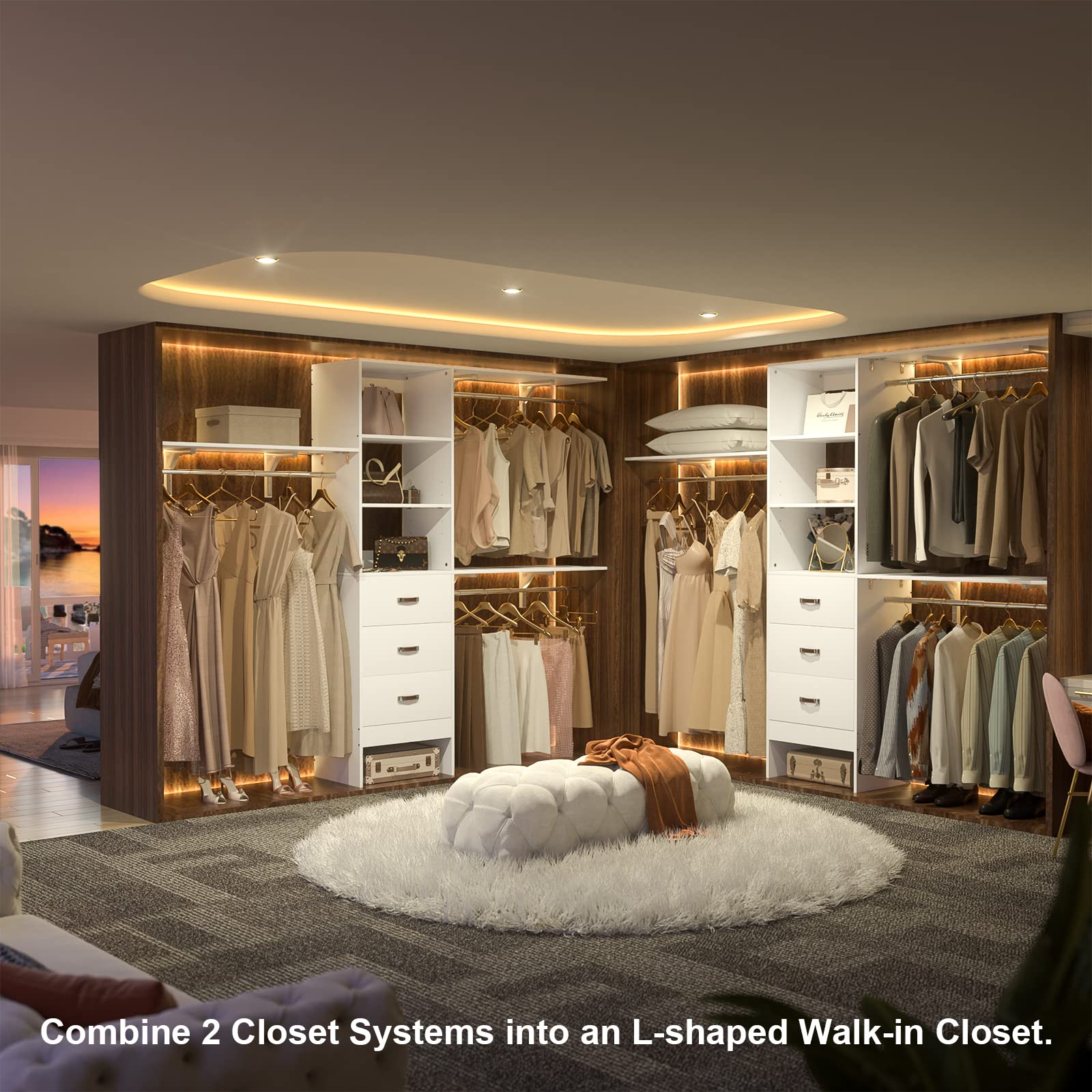 8FT Wall Mount Closet Organizer System with 3 Hanging Rods and Drawers