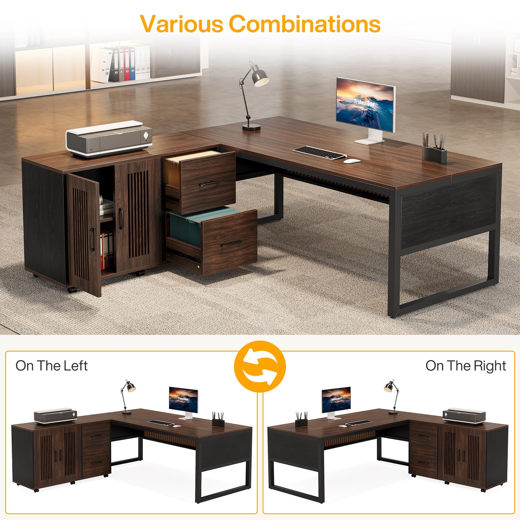 63-Inch Executive L-Shaped Desk with Mobile File Cabinet