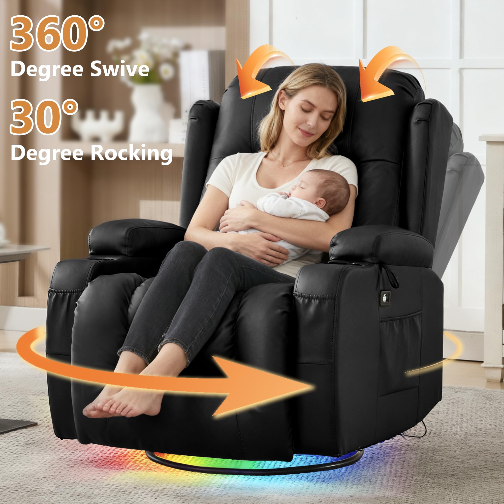 URRED Rocker Recliner Chair for Adults, 270° Swivel Glider Reclining Single Sofa with LED Ambient Light, Cup Holders and Side Pockets, Faux Leather Recliner for Living Room or Home Theater, Black