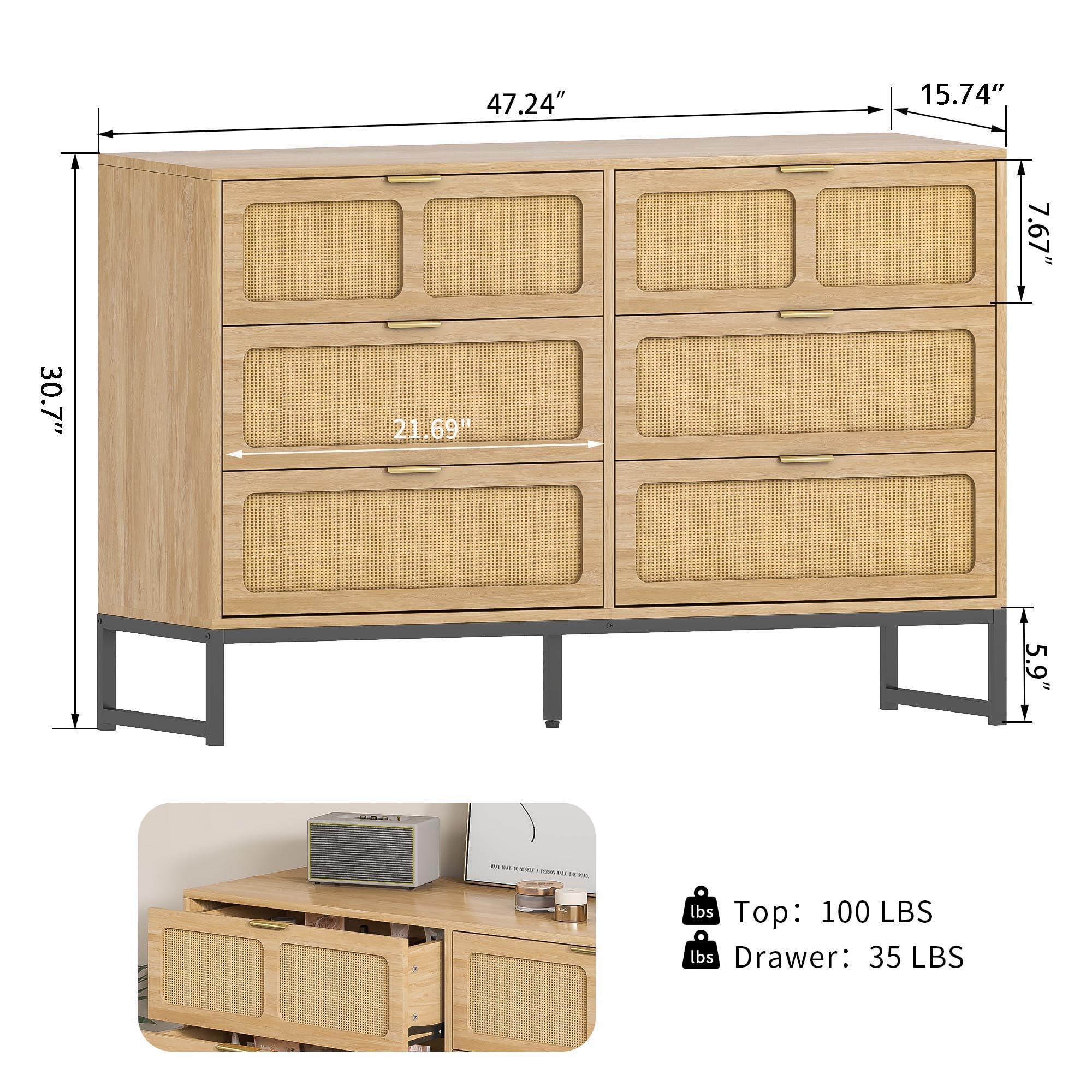 6 Drawer Rattan Dresser