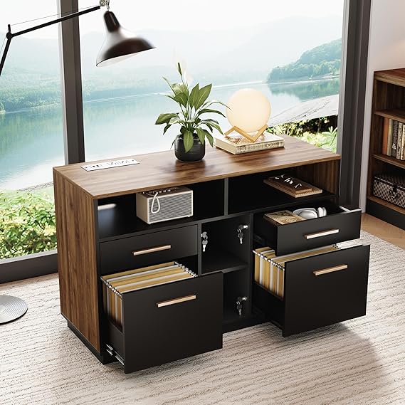 4 Drawer Wood File Cabinet with Lock and Power Strip