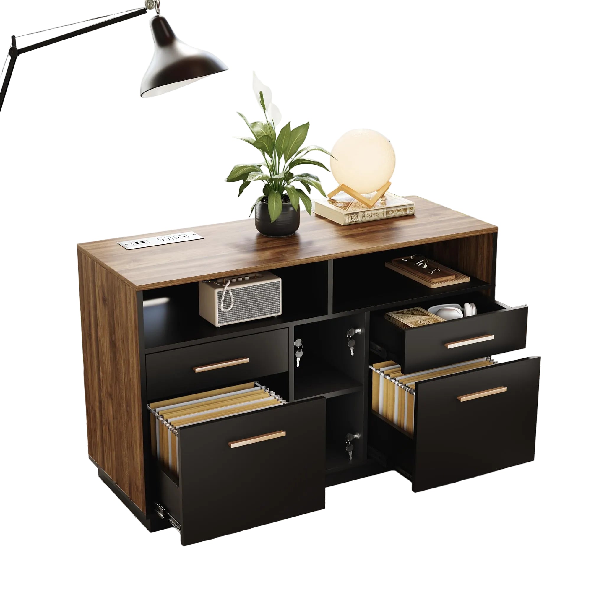 4 Drawer Lateral File Cabinet with Lock & Power Strip