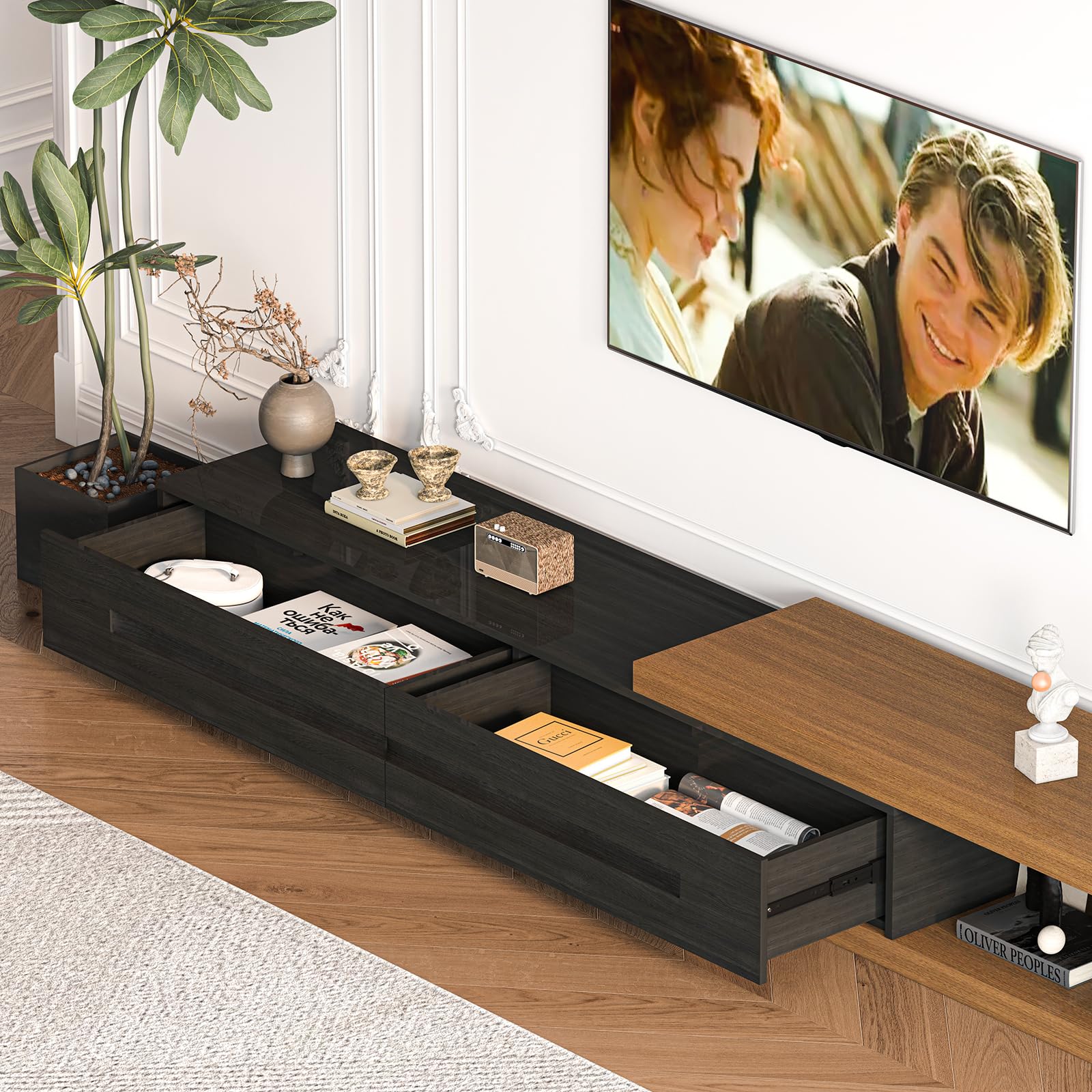 Extendable TV Stand with 2 Drawers and Storage