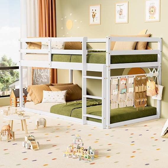 Low Bunk Bed Twin Over Twin with Ladder and Guardrails