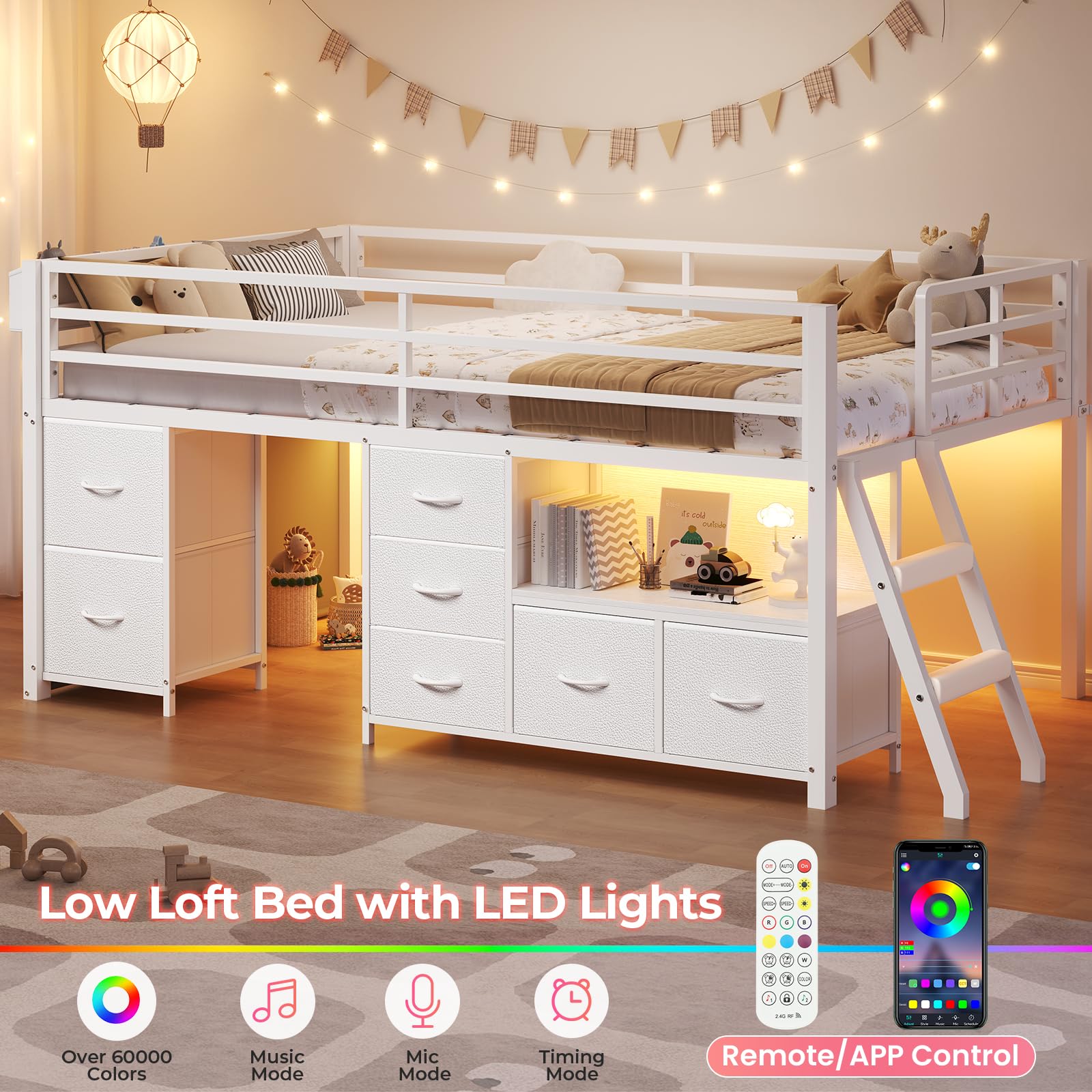Low Loft Twin Bed with 7 Storage Drawers and LED Lights