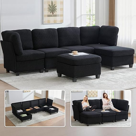 6-Seat U-Shaped Modular Sectional Sofa with Storage Ottoman