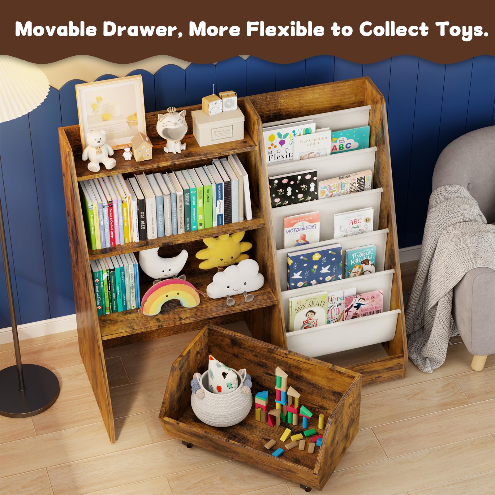 Kids Bookshelf and Toy Storage with Movable Drawer