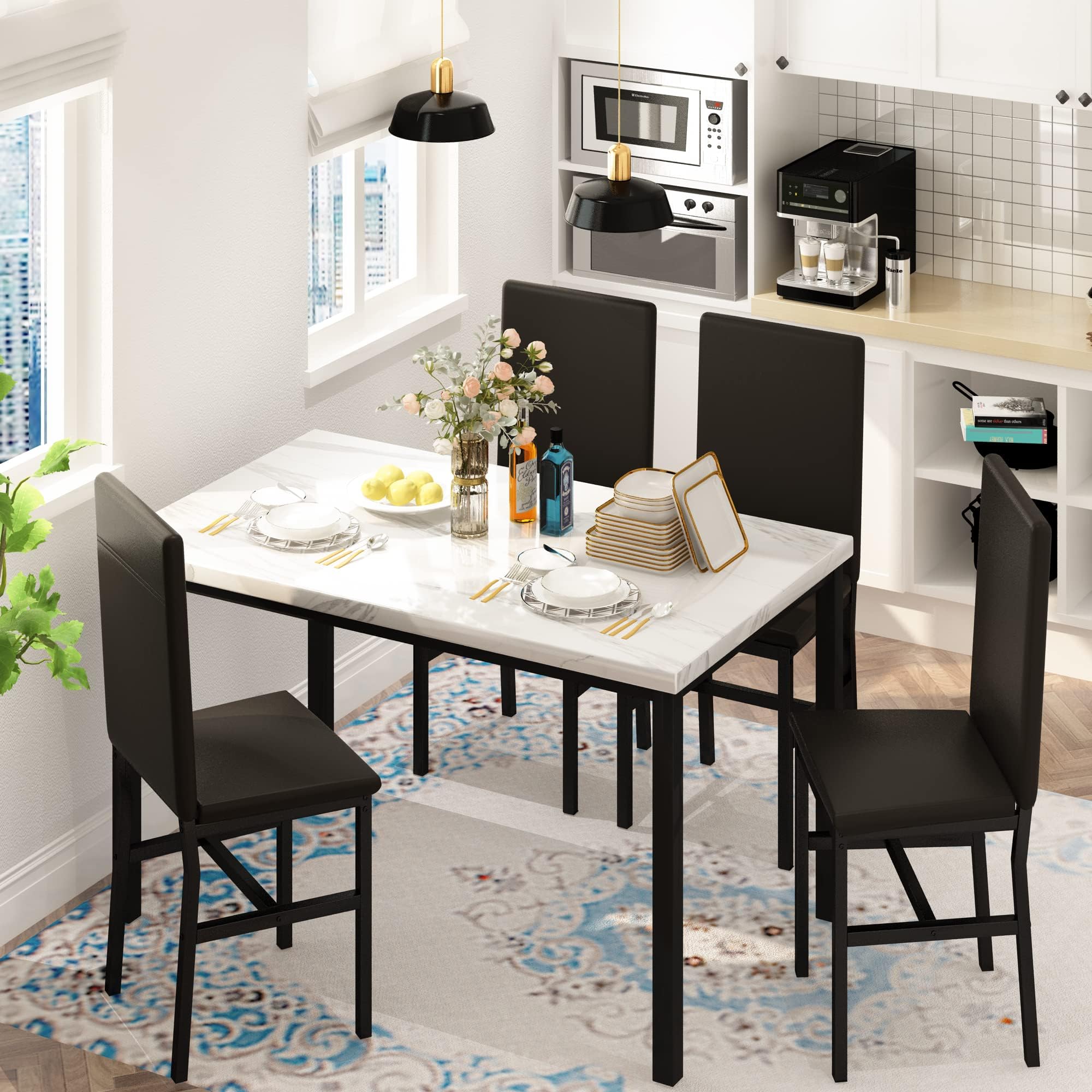5-Piece Faux Marble Dining Table Set with 4 Chairs