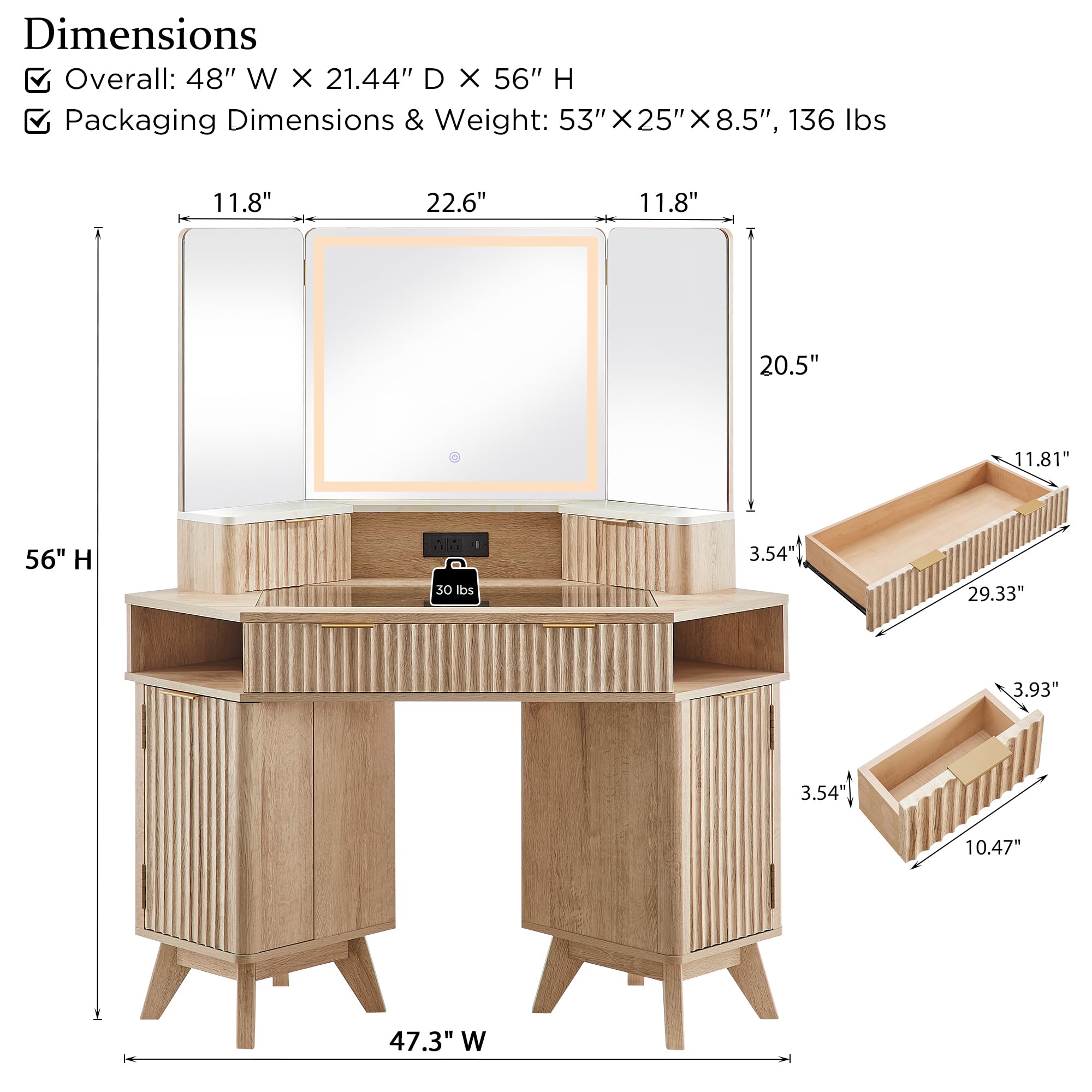 48" Corner Makeup Vanity Desk with 3-Way Mirror and Lights
