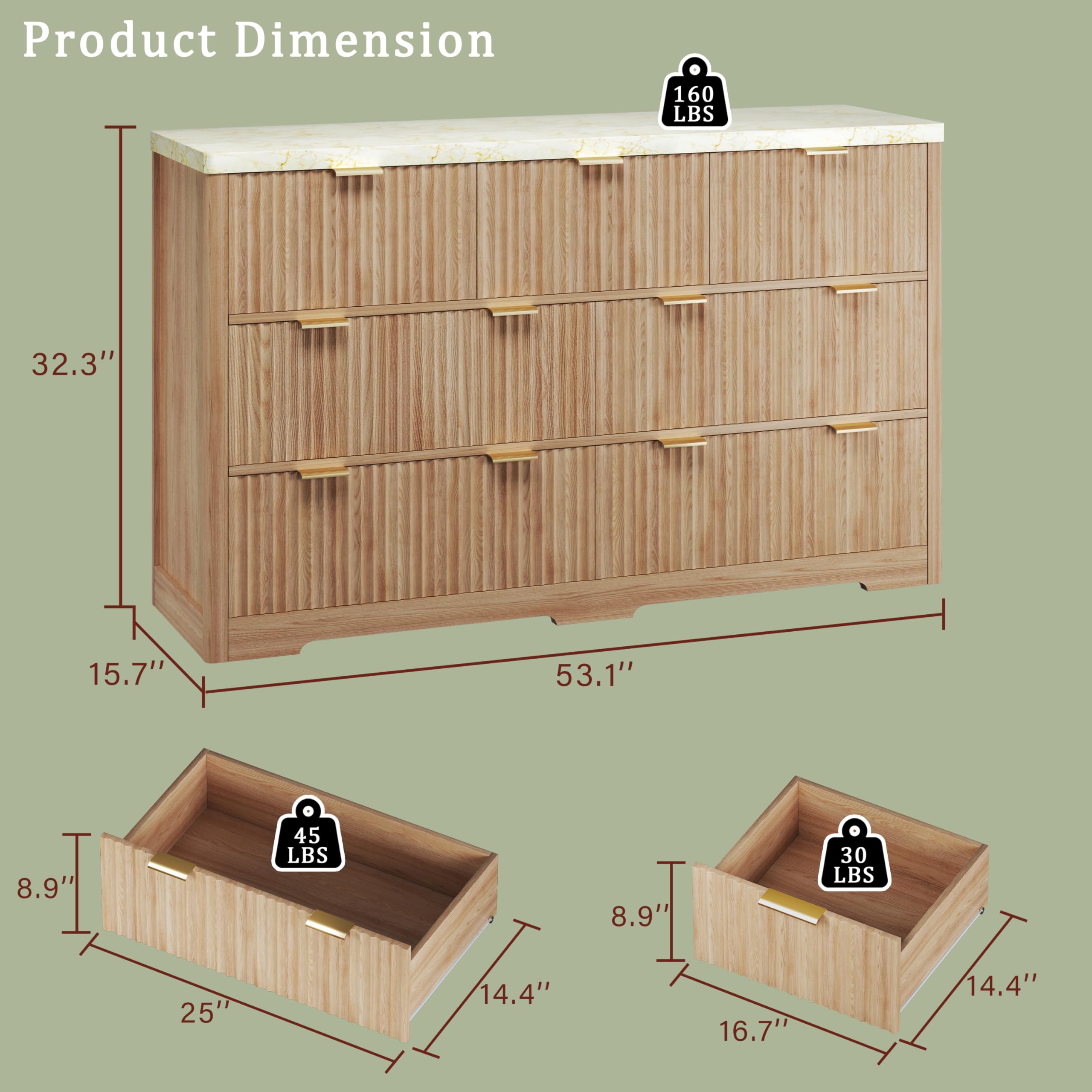 7-Drawer Fluted Dresser with Faux Marble Top
