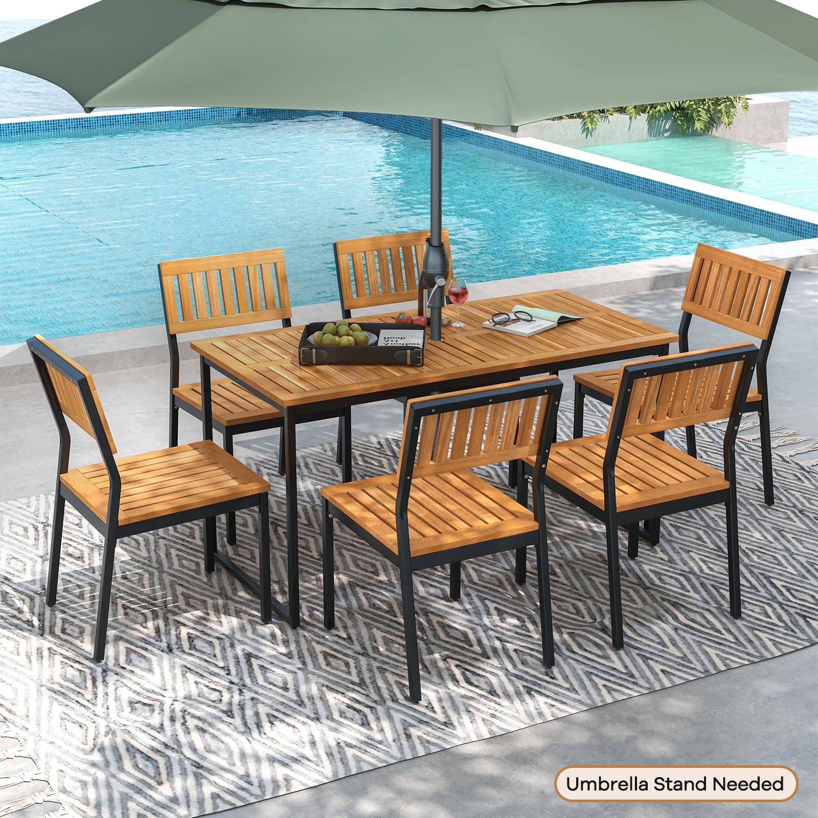 Tangkula 7 Piece Outdoor Dining Set for 6, Acacia Wood Rectangular Dining Table & 6 Armless Chairs w/Metal Frame, Umbrella Hole, Farmhouse Dining Furniture Set for Garden Porch Poolside