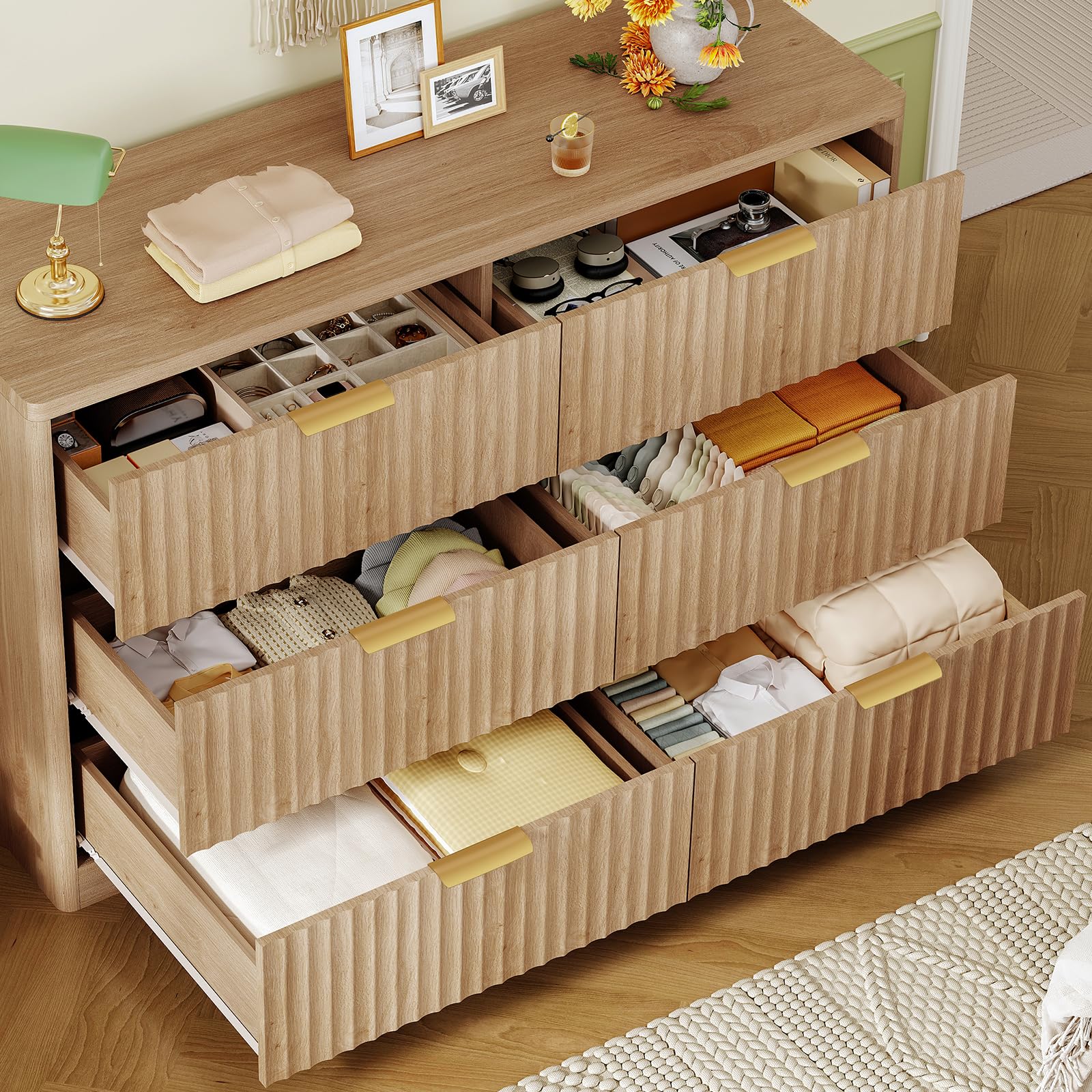 Fluted 6-Drawer Dresser with Metal Handles