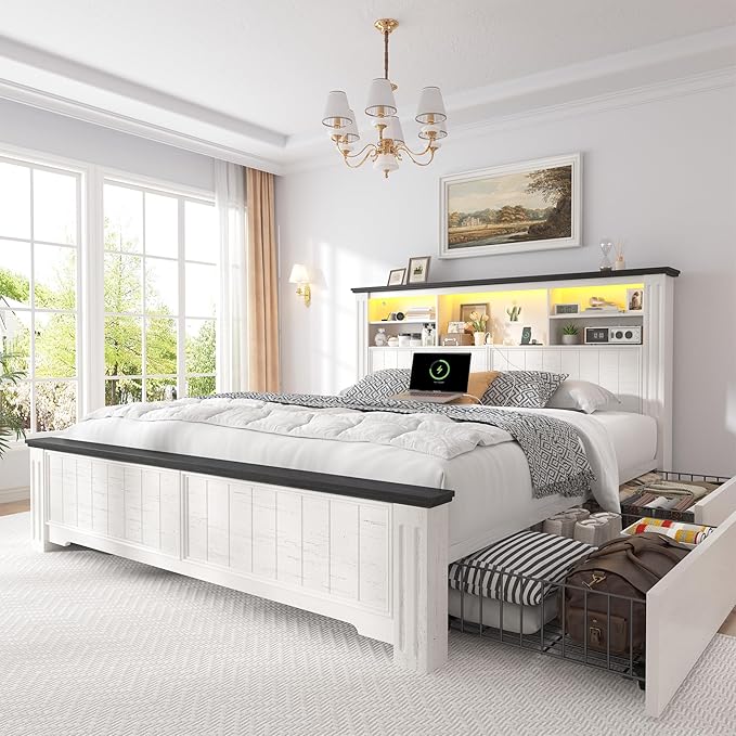 King Size Bed Frame with Storage Drawers and LED Charging Station