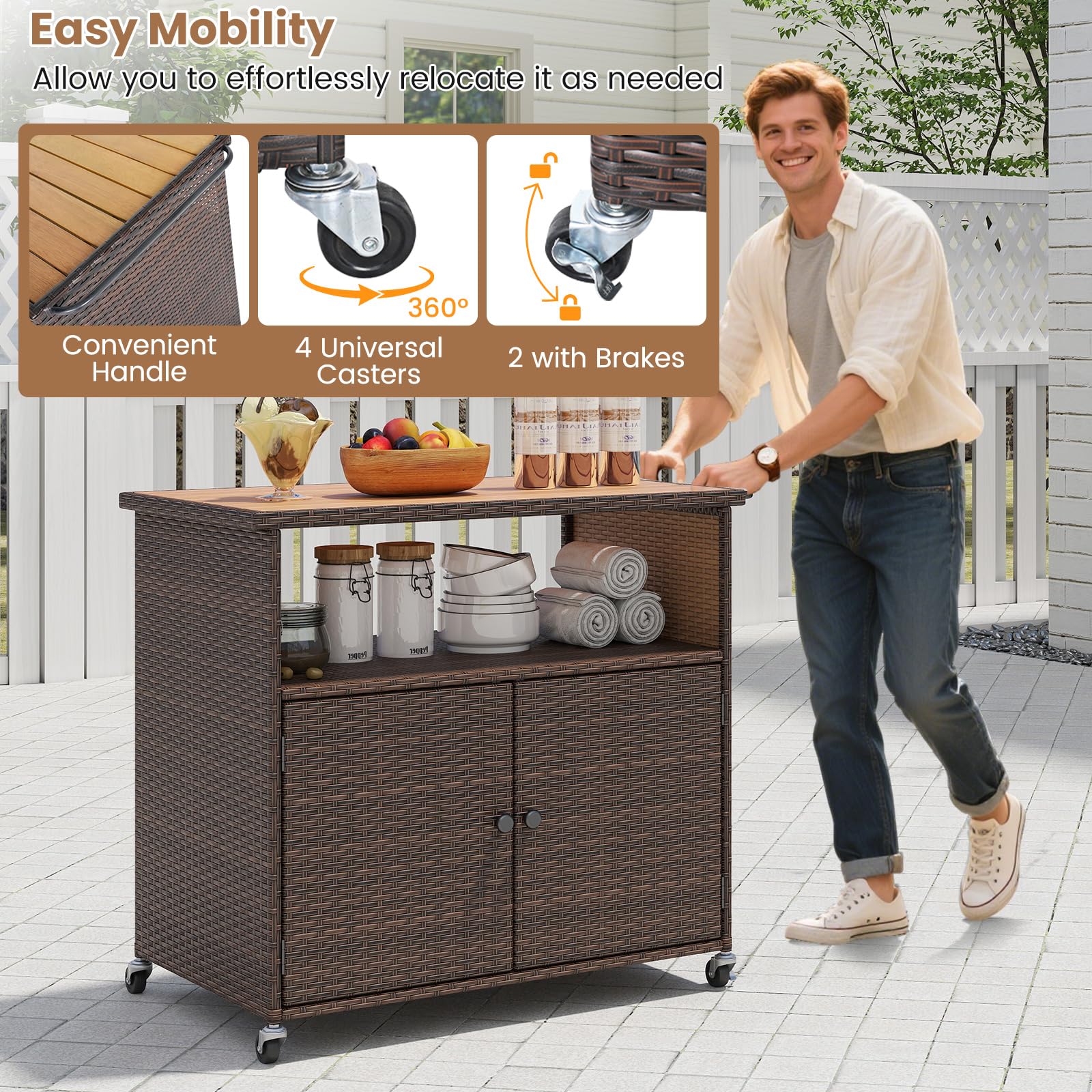 Rattan Outdoor Storage Cabinet with Acacia Wood Countertop