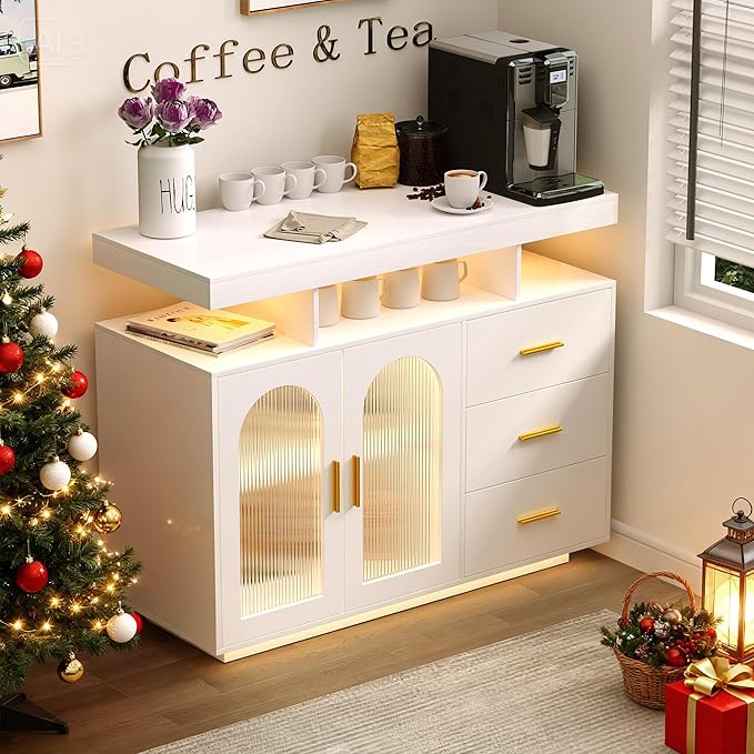 Buffet Cabinet with Storage and LED Lights