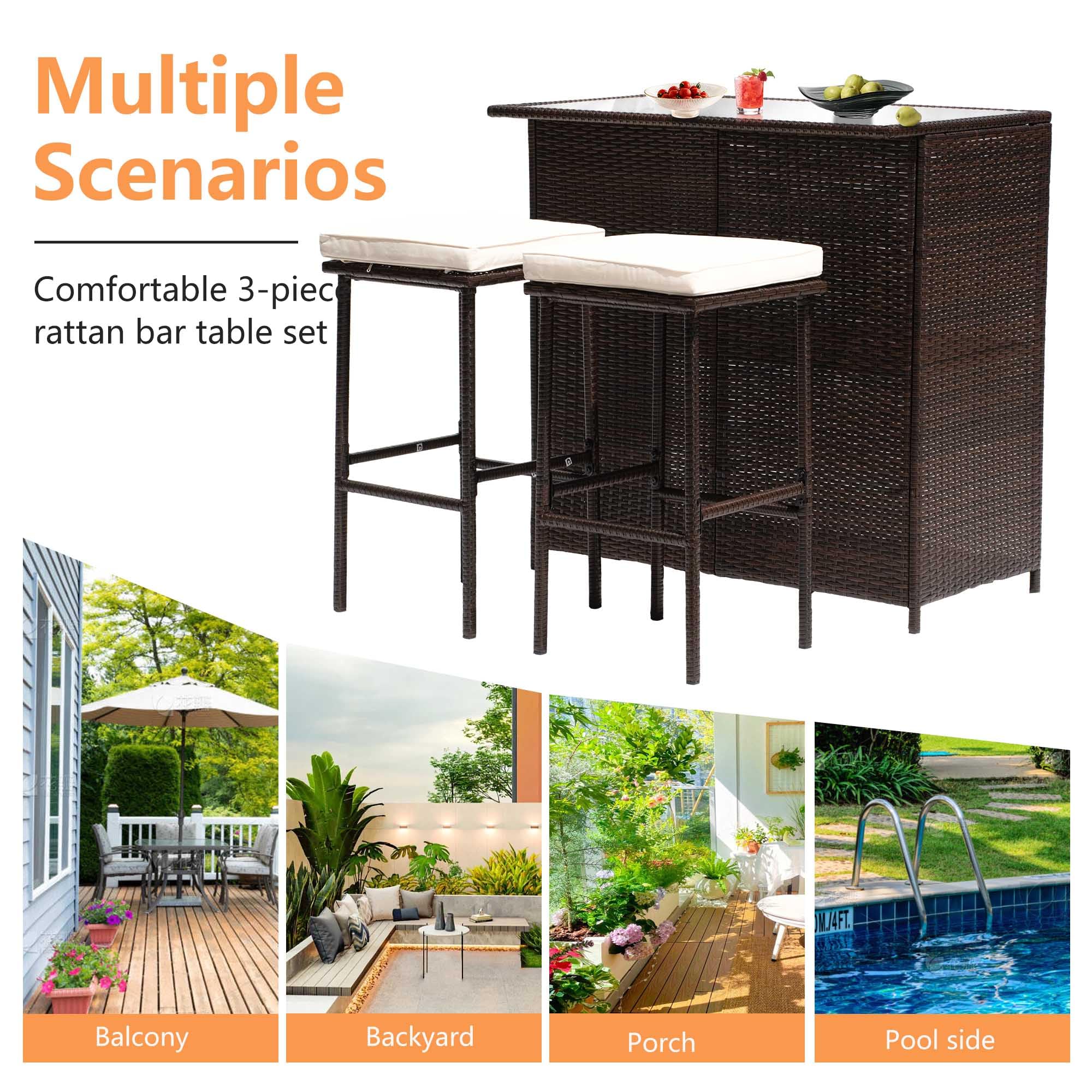 Rattan Bar Set with Glass Top and 2 Stools