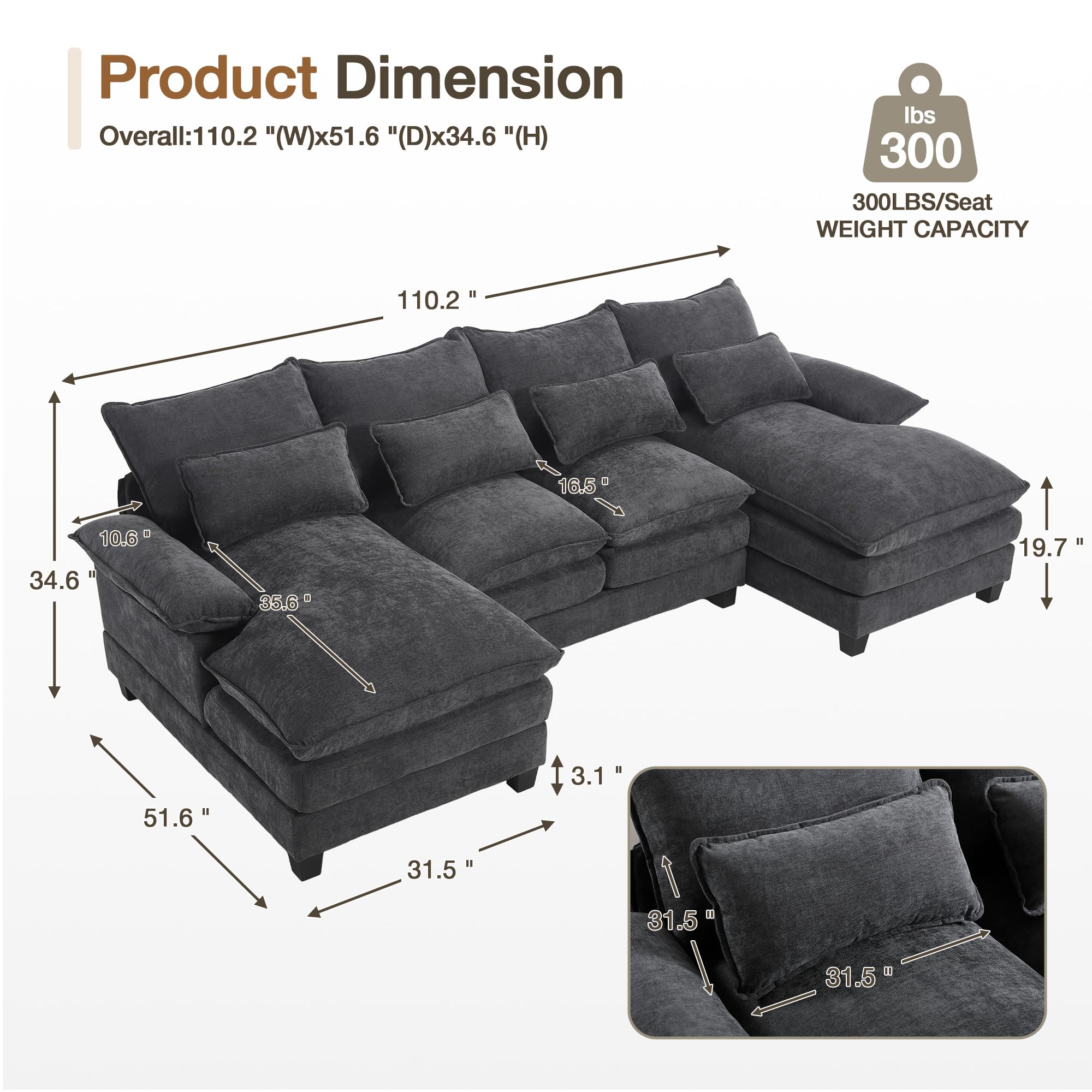 U-Shaped Modular Sectional Sofa Double Chaise