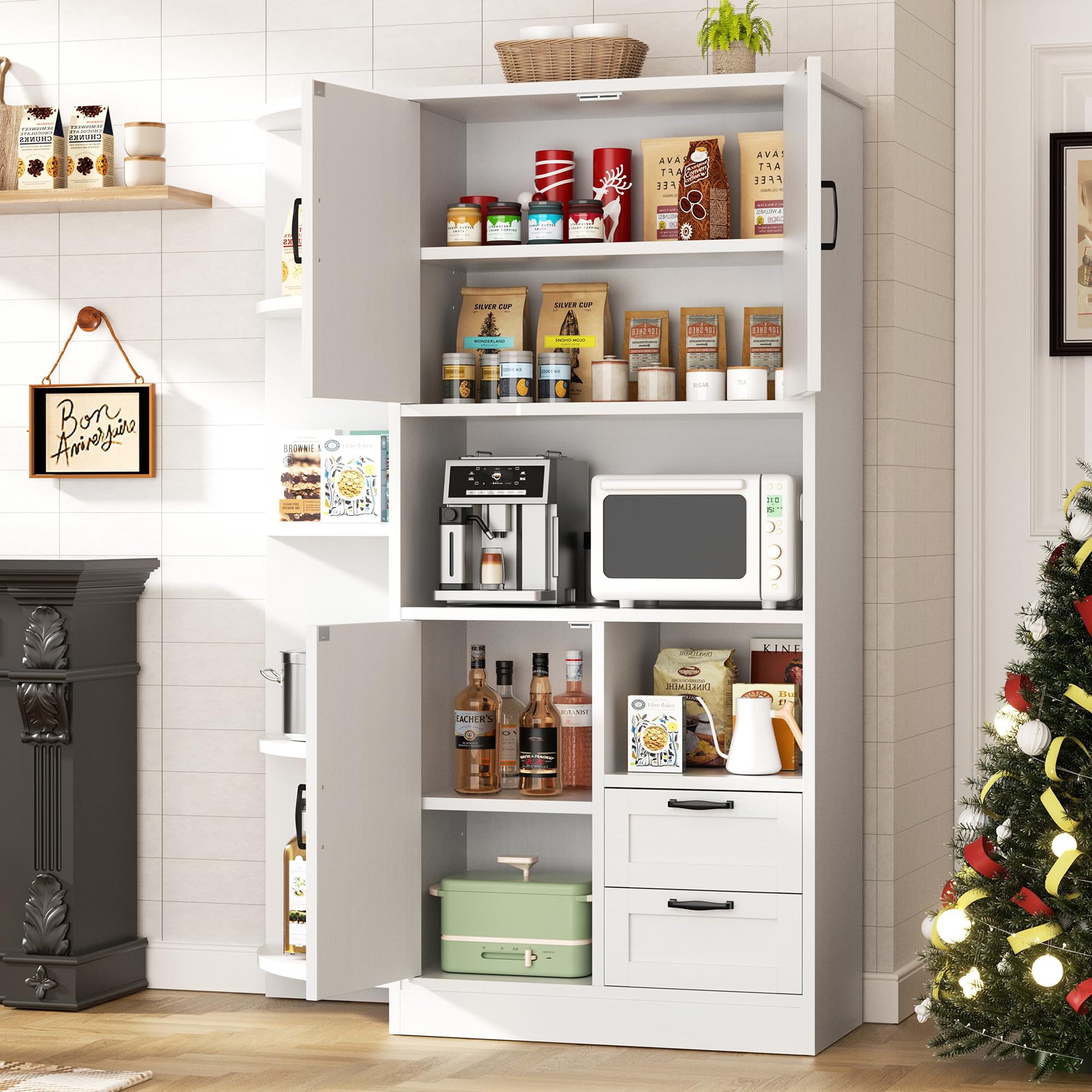 Farmhouse Kitchen Pantry Storage Cabinet with Microwave Shelf